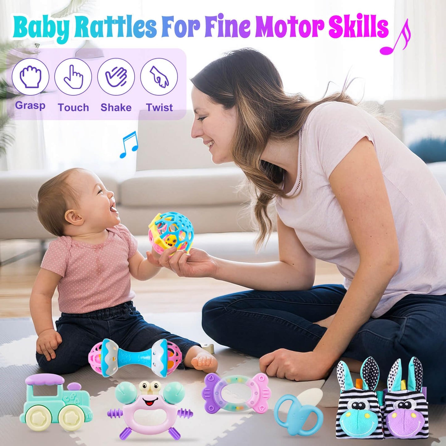 JKHEPL Baby Rattles & Teethers 14-Piece Set | 0-6 Months Infant Toys with Wrist Socks