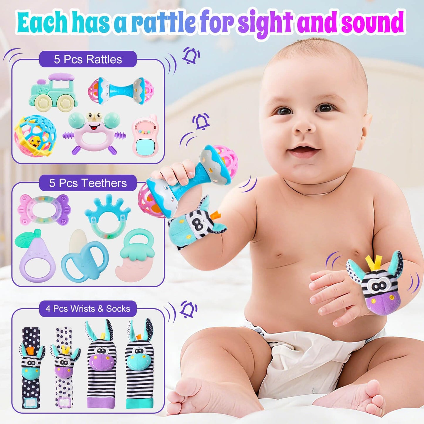 JKHEPL Baby Rattles & Teethers 14-Piece Set | 0-6 Months Infant Toys with Wrist Socks