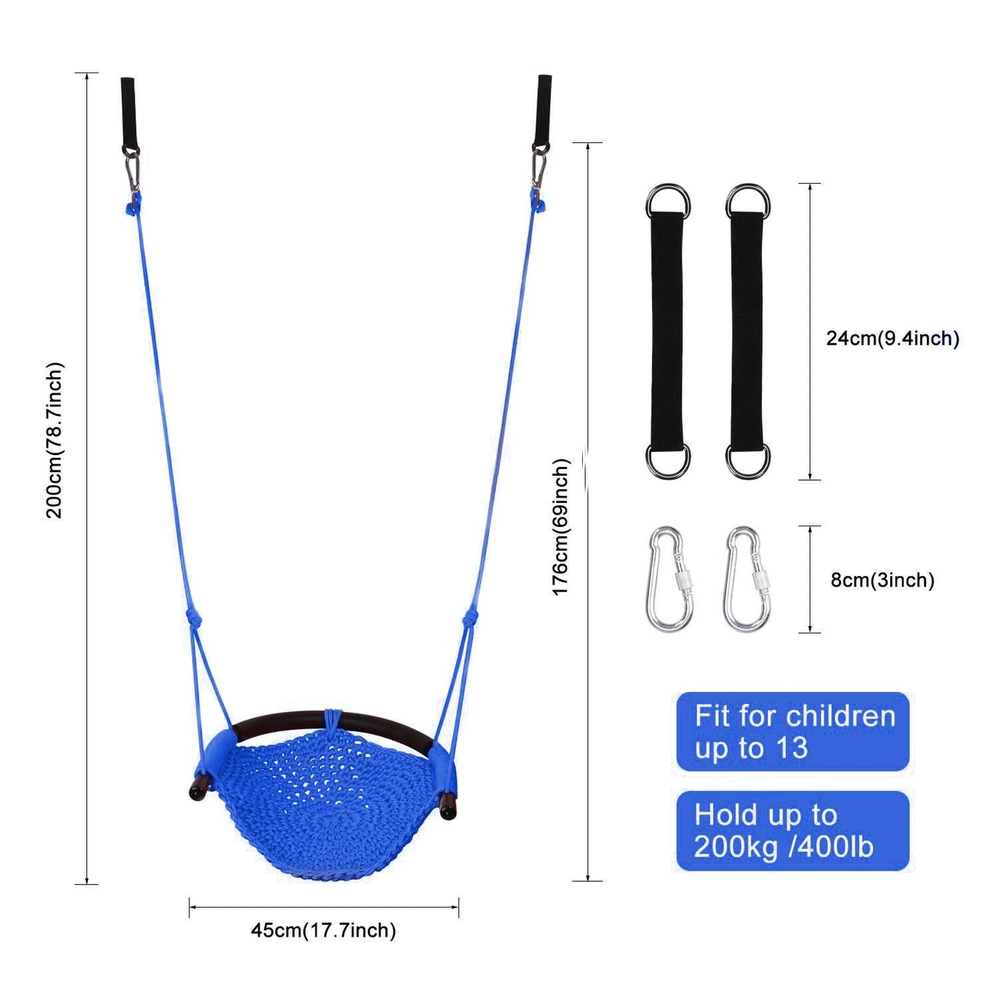 JKsmart Kids Swing Seat – Heavy-Duty Rope, 440 lbs Capacity, Indoor/Outdoor, Blue