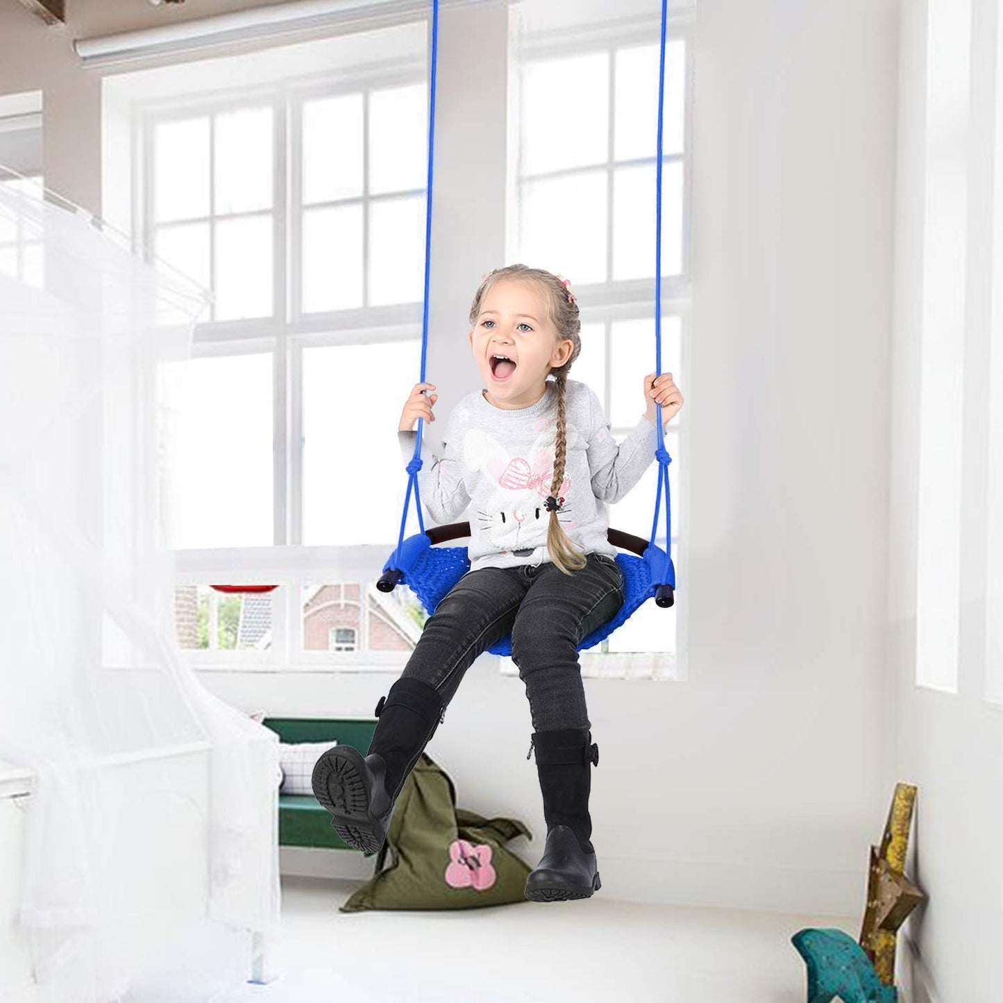 JKsmart Kids Swing Seat – Heavy-Duty Rope, 440 lbs Capacity, Indoor/Outdoor, Blue