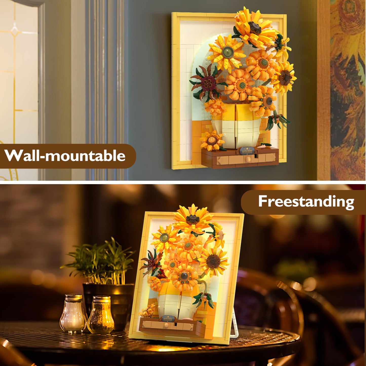 JMBricklayer Flowers Sunflower Building Set with Lights 70004 – Van Gogh Inspired 3D Wall Art