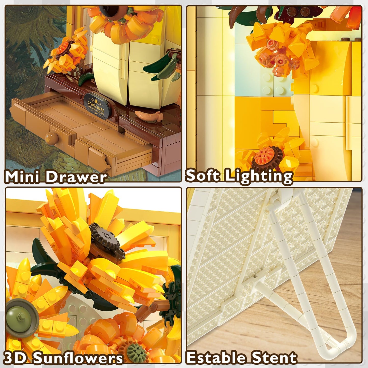 JMBricklayer Flowers Sunflower Building Set with Lights 70004 – Van Gogh Inspired 3D Wall Art