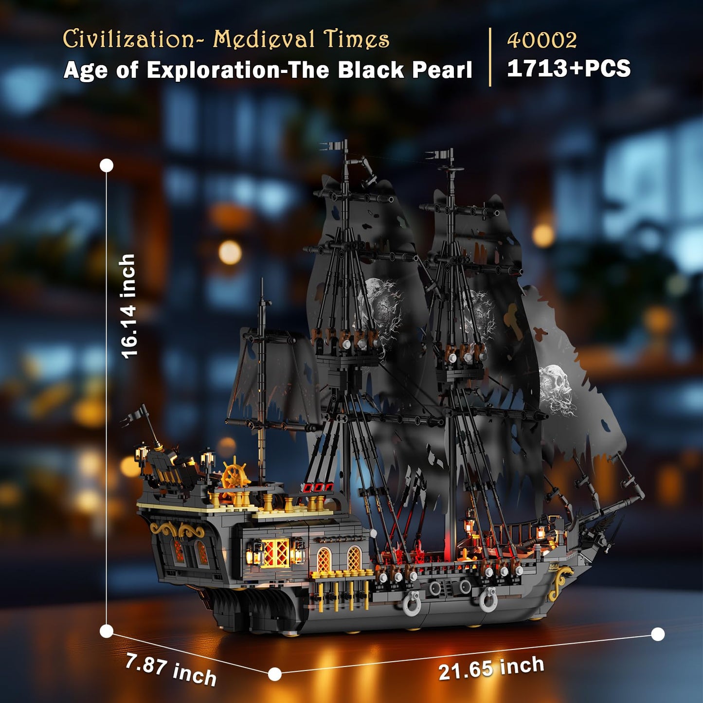 JMBricklayer Pearl Pirate Ship with Lights – 1713-Piece Black Model Boat Kit for Adults & Teens