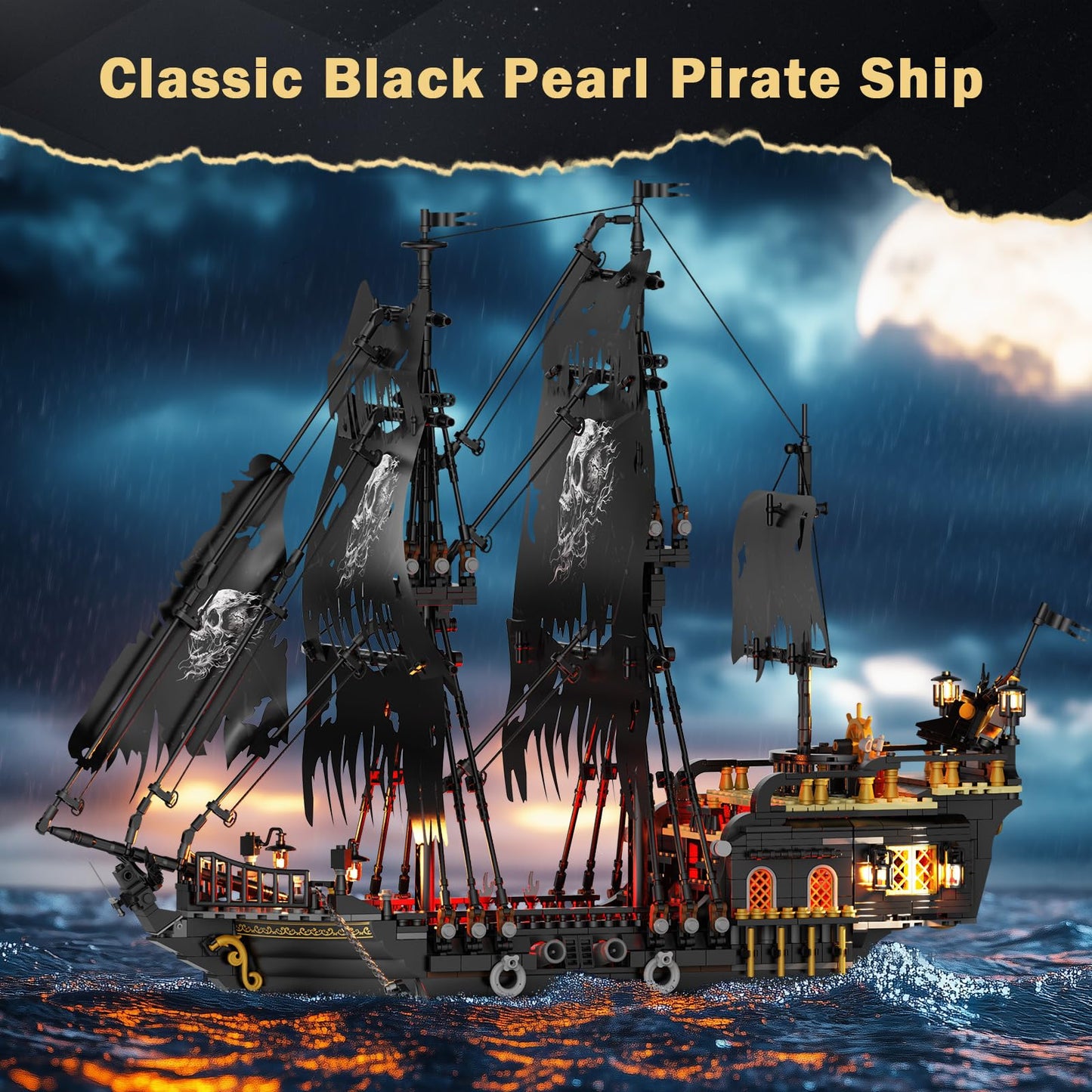 JMBricklayer Pearl Pirate Ship with Lights – 1713-Piece Black Model Boat Kit for Adults & Teens