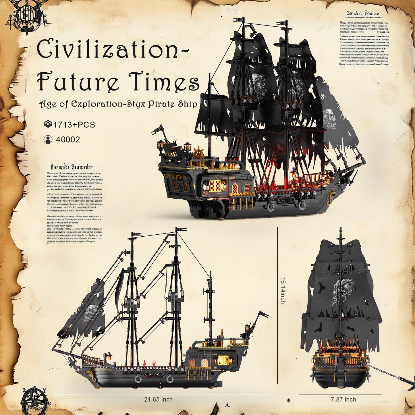 JMBricklayer Pearl Pirate Ship with Lights – 1713-Piece Black Model Boat Kit for Adults & Teens