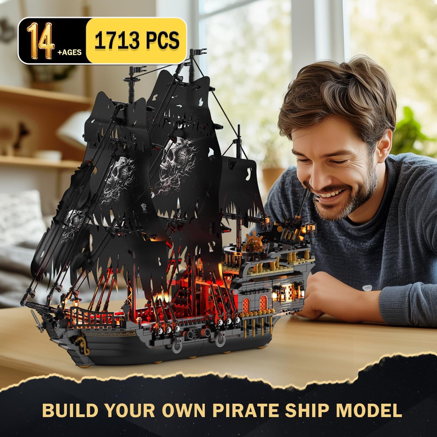 JMBricklayer Pearl Pirate Ship with Lights – 1713-Piece Black Model Boat Kit for Adults & Teens