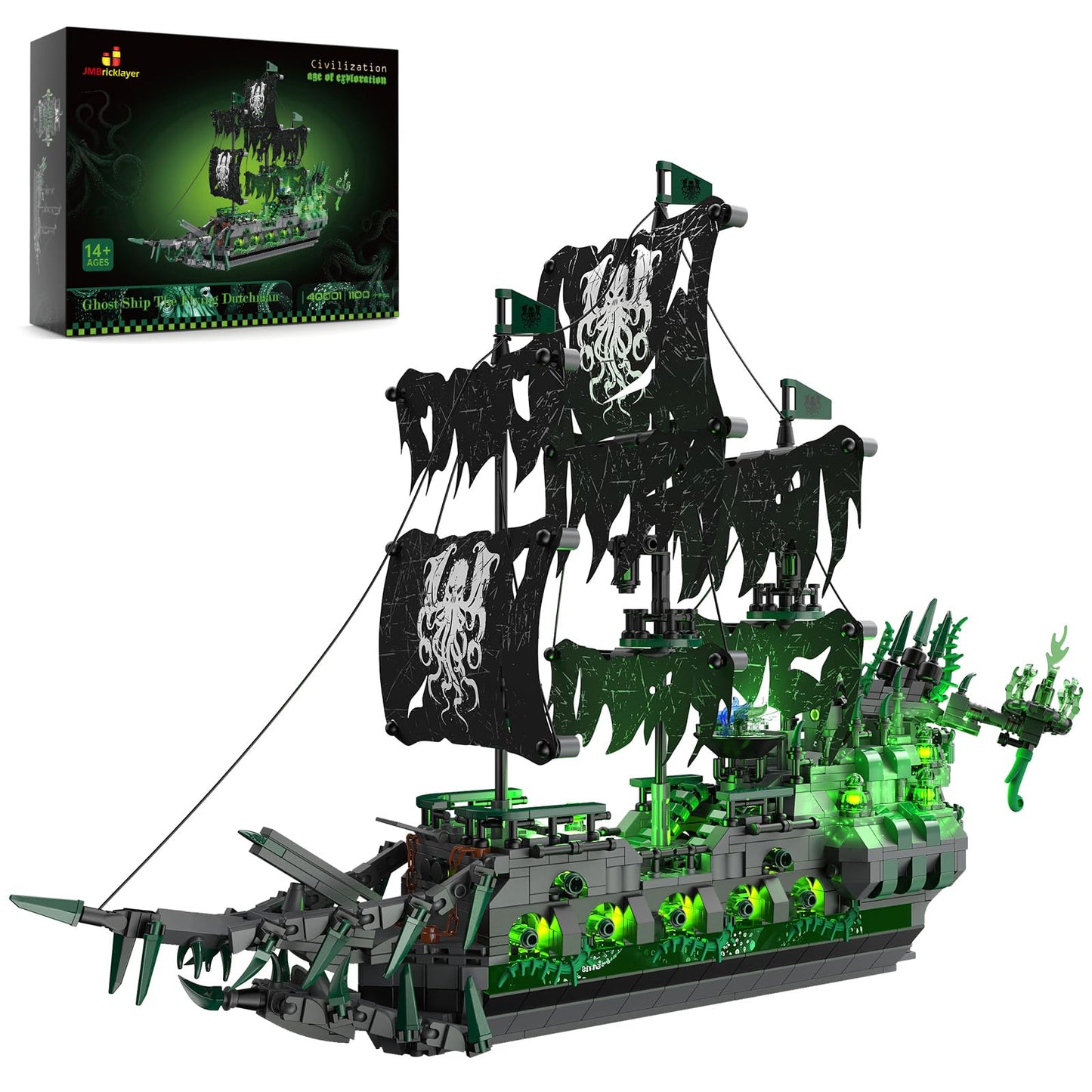JMBricklayer Pirate Ship Building Toys with Lights – Ghost Ship Flying Dutchman Model (40001) | 1100 PCS
