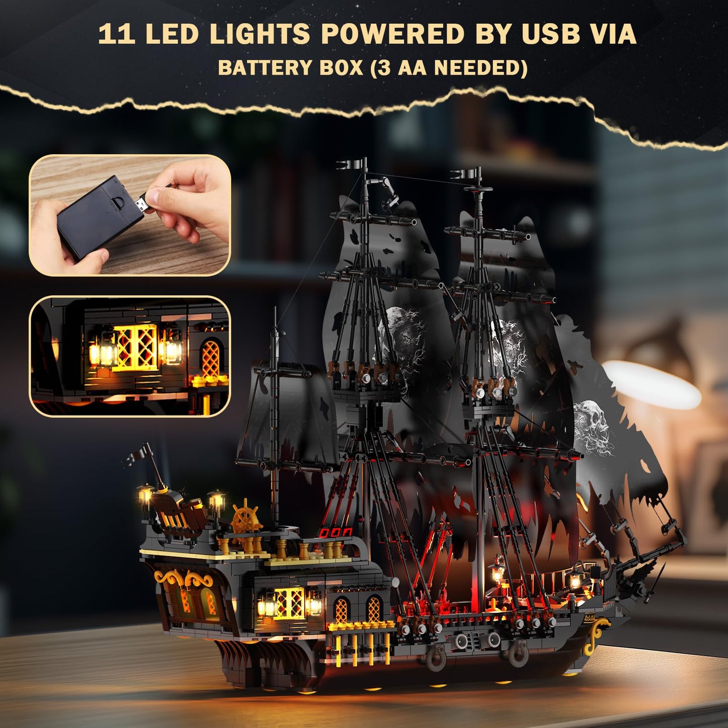 JMBricklayer Pearl Pirate Ship with Lights – 1713-Piece Black Model Boat Kit for Adults & Teens