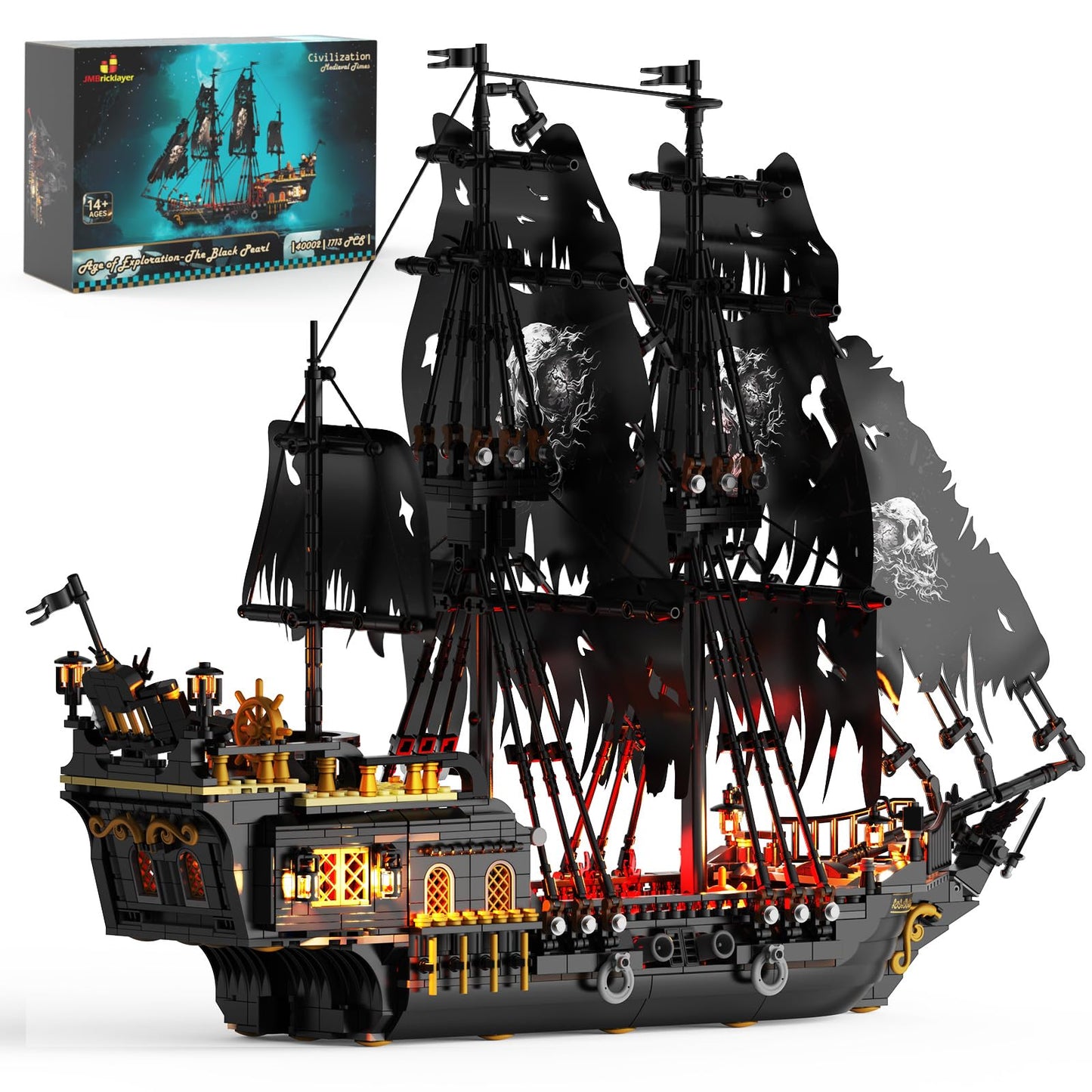 JMBricklayer Pearl Pirate Ship with Lights – 1713-Piece Black Model Boat Kit for Adults & Teens