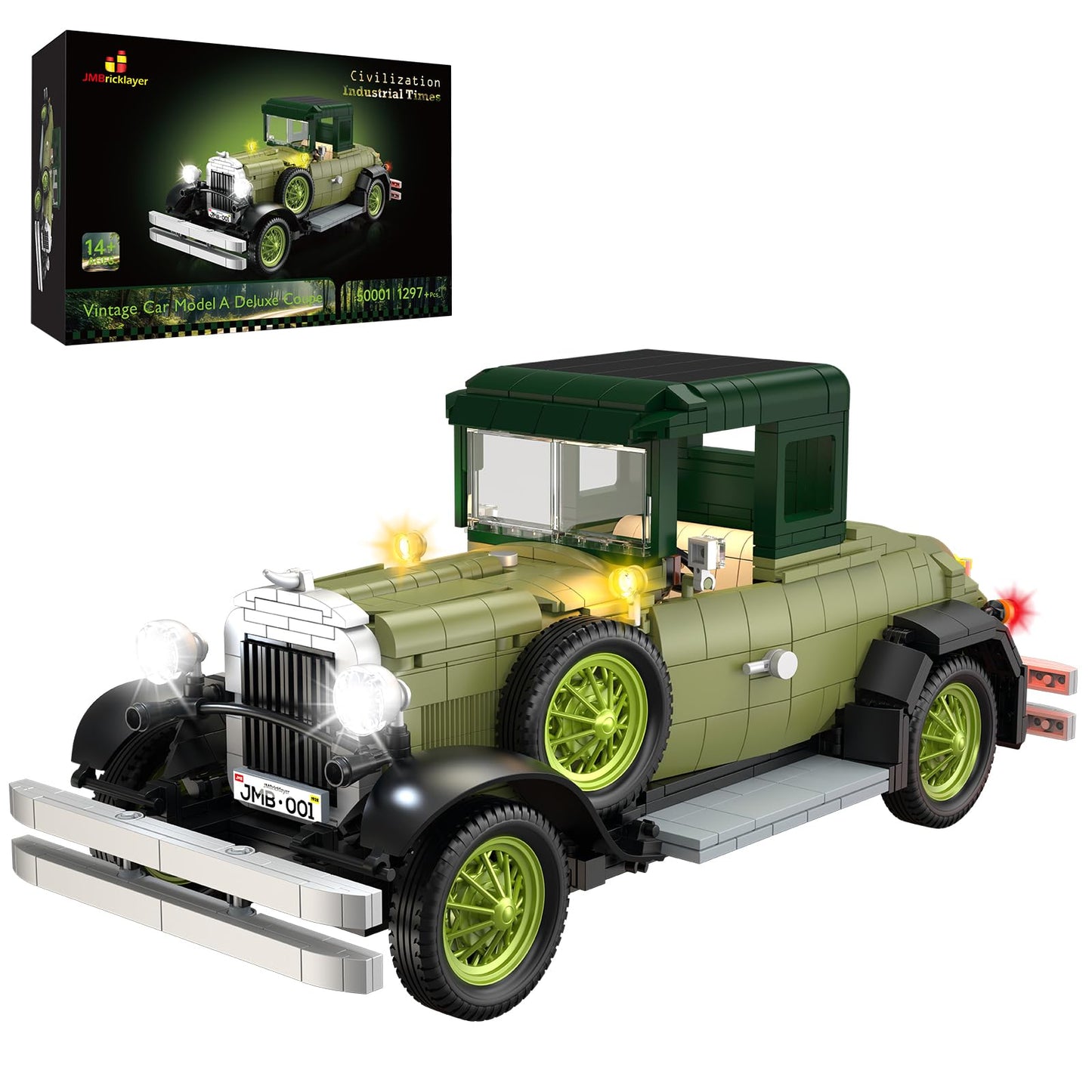 JMBricklayer Vintage Cars 1297-Piece Lighted Model Kit 50001 | Classic Retro Display