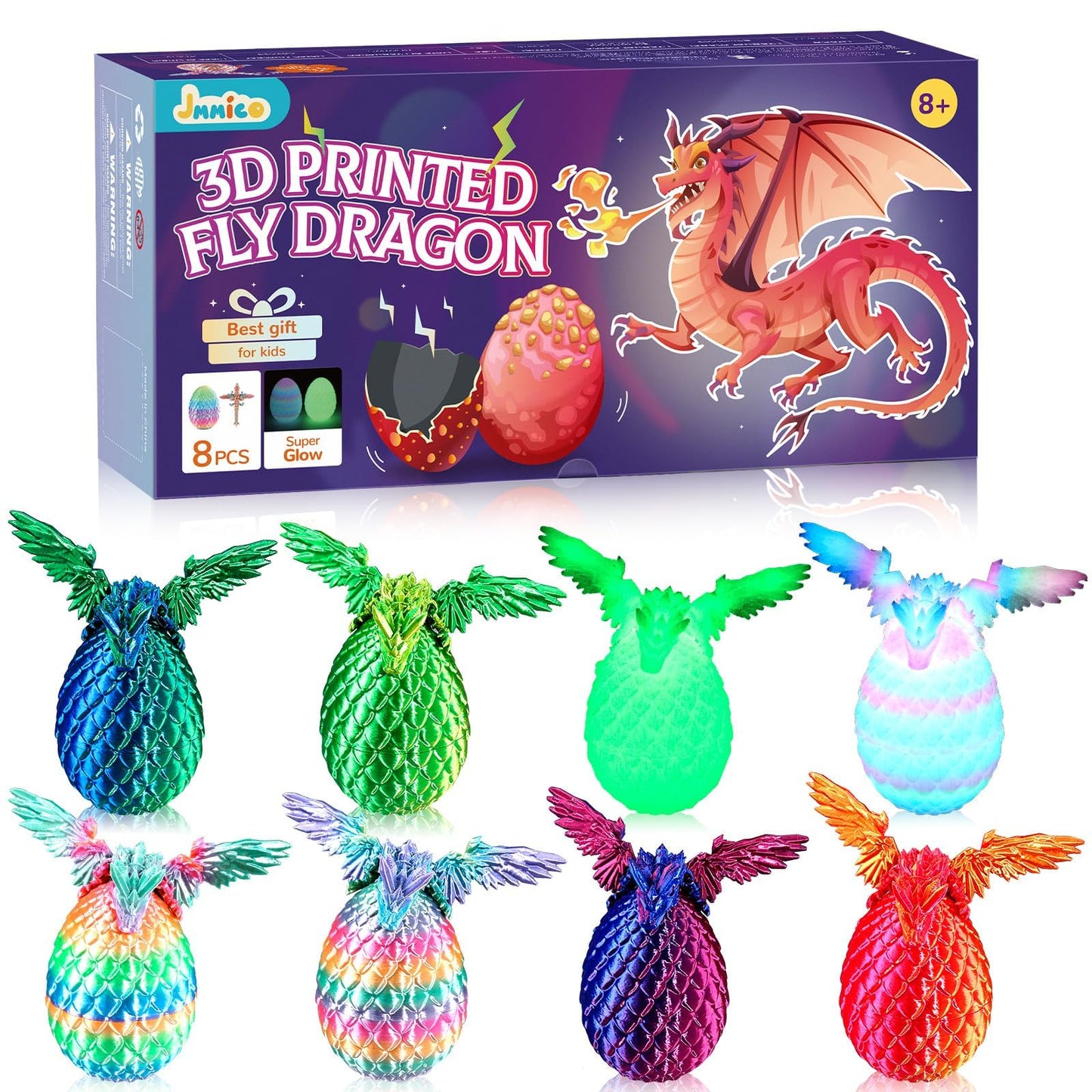 JMMICO 8Pcs 3D Printed Dragon Eggs with Inside Dragon – Articulated Fidget Toys & Decor