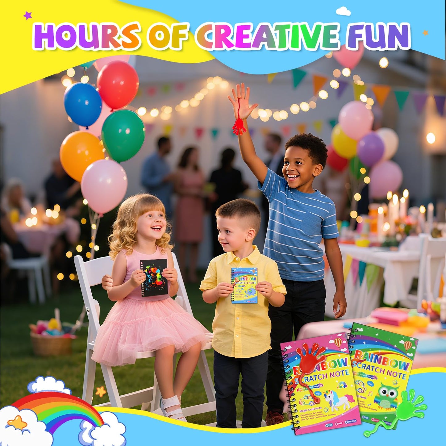 JMMICO 36*3 Packs Scratch Art Notebook + Sticky Hands + Stickers – Party Favors & Classroom Prizes