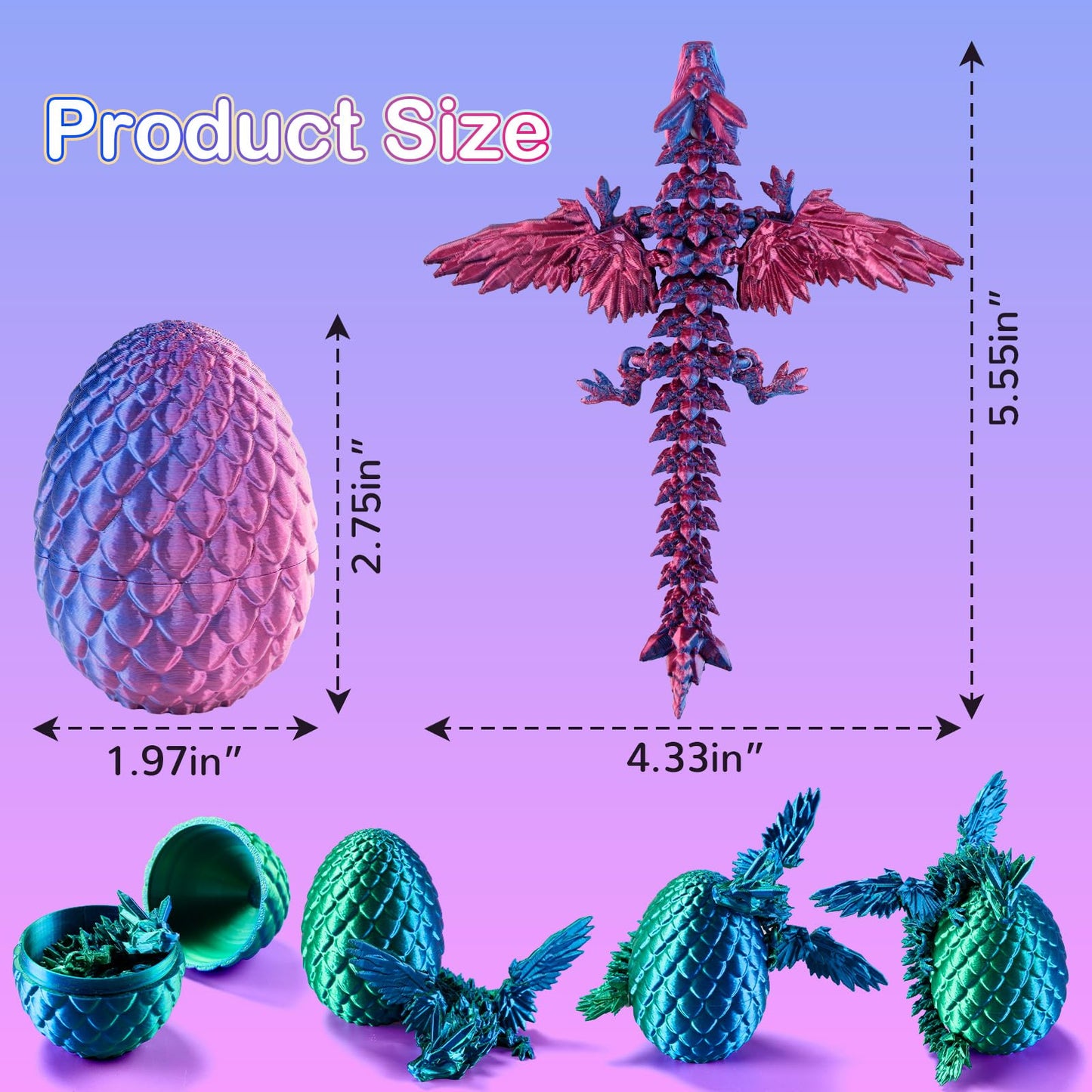 JMMICO 8Pcs 3D Printed Dragon Eggs with Inside Dragon – Articulated Fidget Toys & Decor