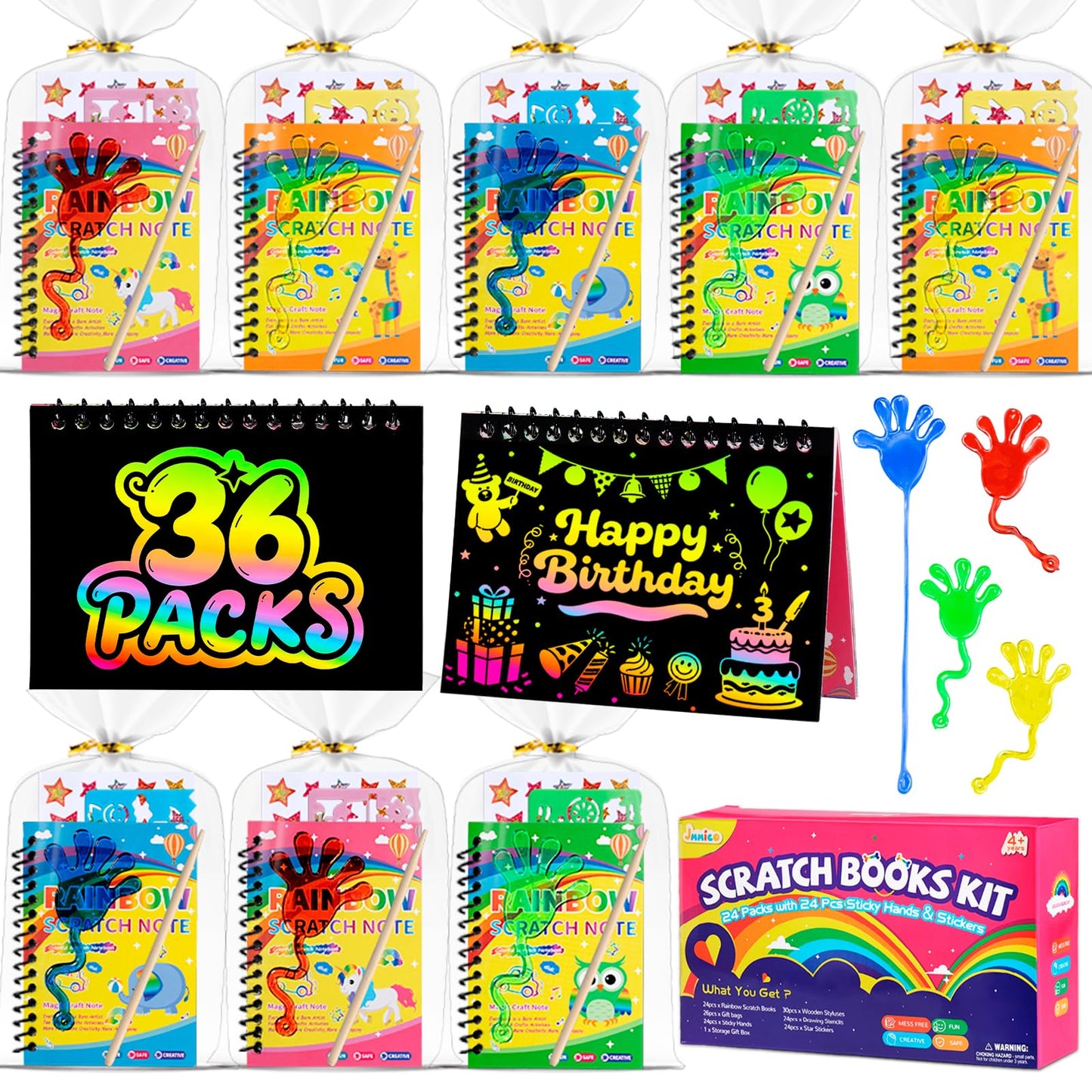 JMMICO 36*3 Packs Scratch Art Notebook + Sticky Hands + Stickers – Party Favors & Classroom Prizes
