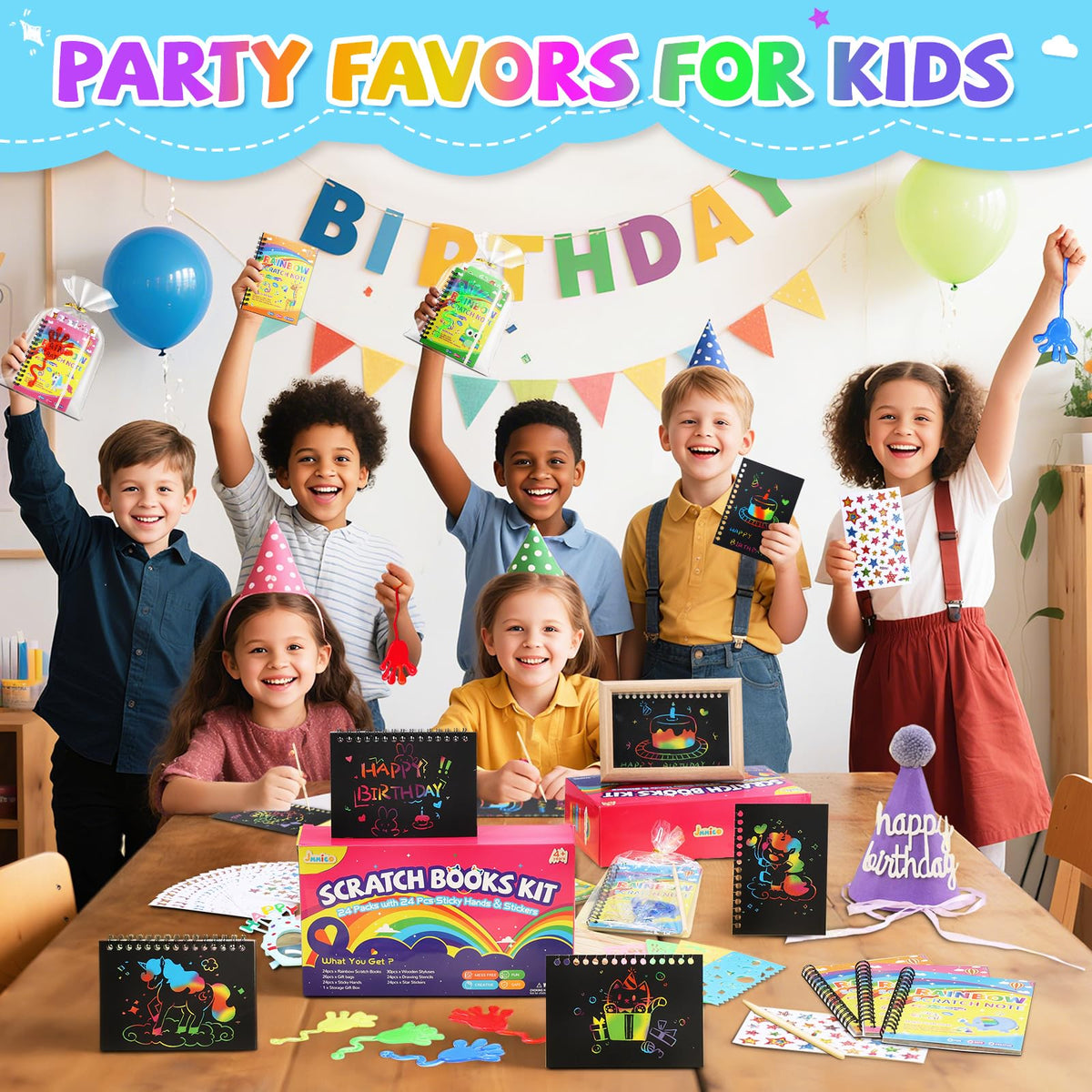 JMMICO 36*3 Packs Scratch Art Notebook + Sticky Hands + Stickers – Party Favors & Classroom Prizes