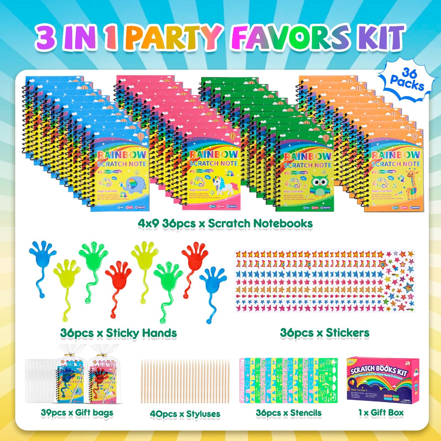 JMMICO 36*3 Packs Scratch Art Notebook + Sticky Hands + Stickers – Party Favors & Classroom Prizes