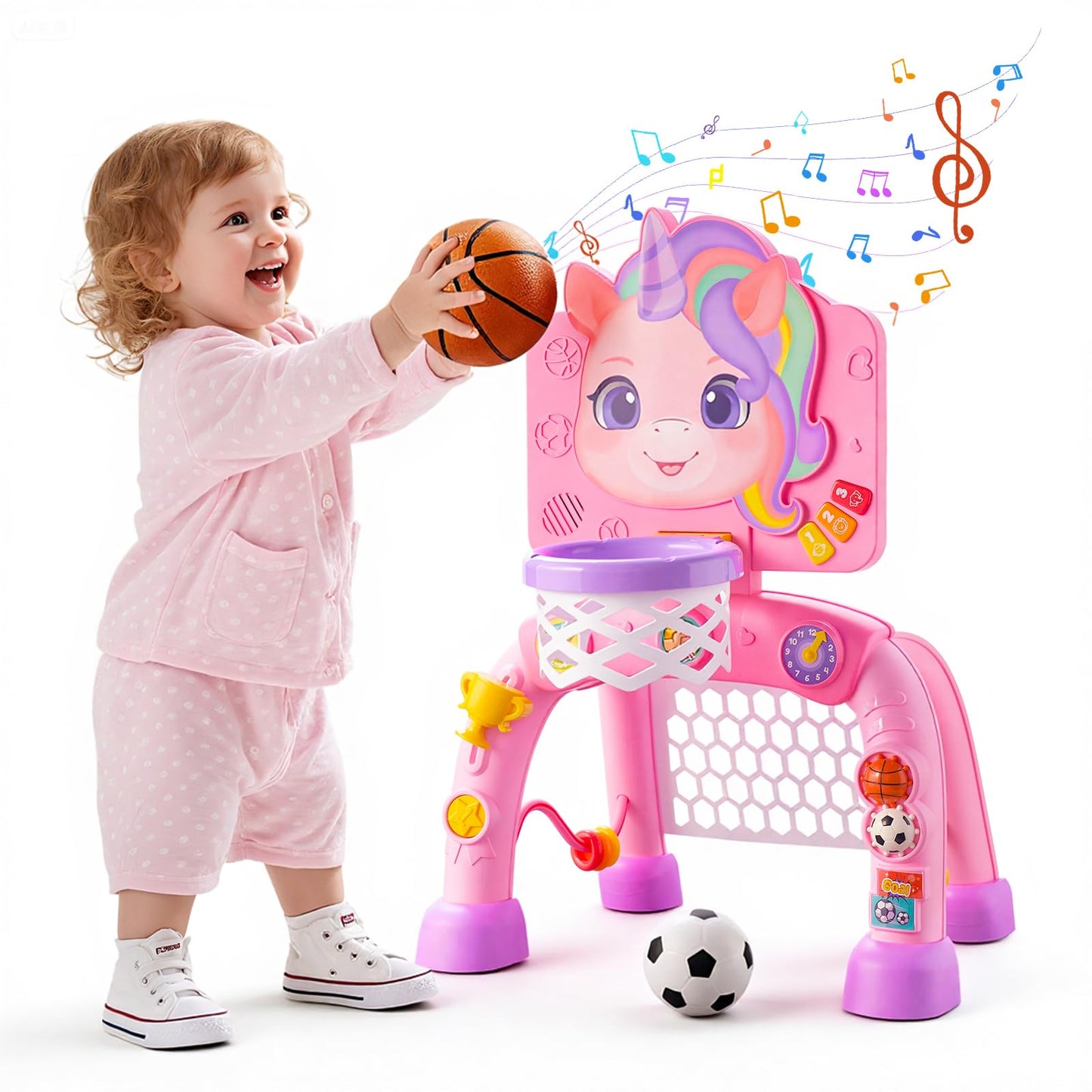 JMMICO Toddler Basketball Hoop & Soccer Goal Activity Center — 6 Interactive Features, Lights & Music