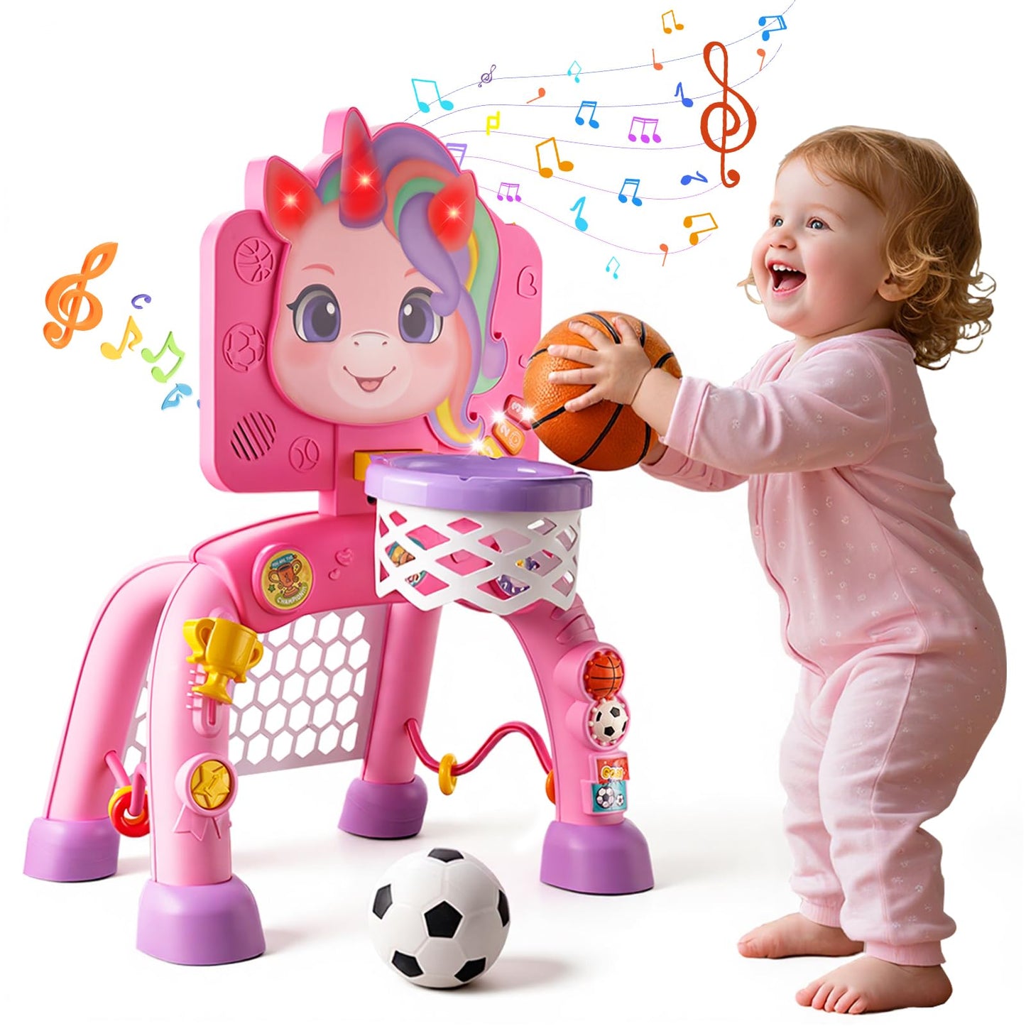 JMMICO Toddler Basketball Hoop & Soccer Goal Activity Center — 6 Interactive Features, Lights & Music