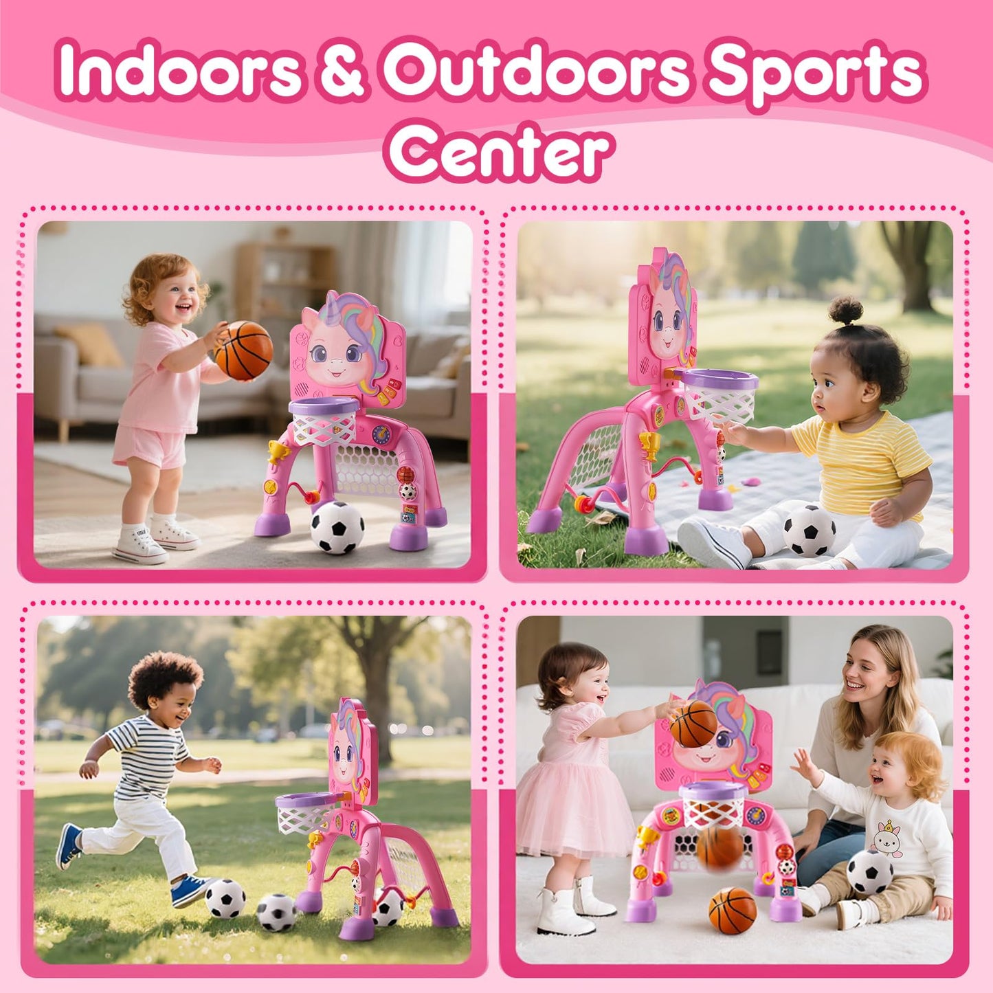JMMICO Toddler Basketball Hoop & Soccer Goal Activity Center — 6 Interactive Features, Lights & Music