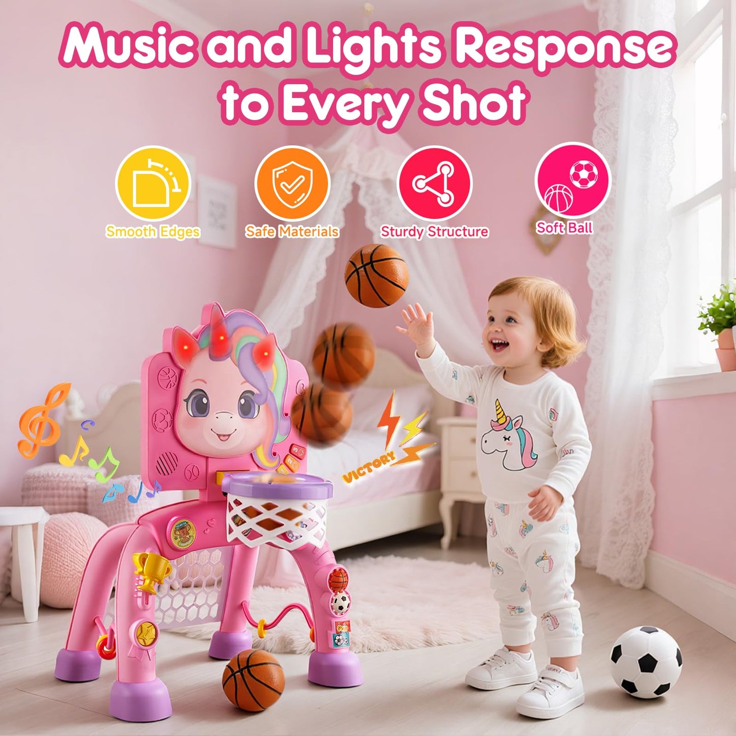 JMMICO Toddler Basketball Hoop & Soccer Goal Activity Center — 6 Interactive Features, Lights & Music