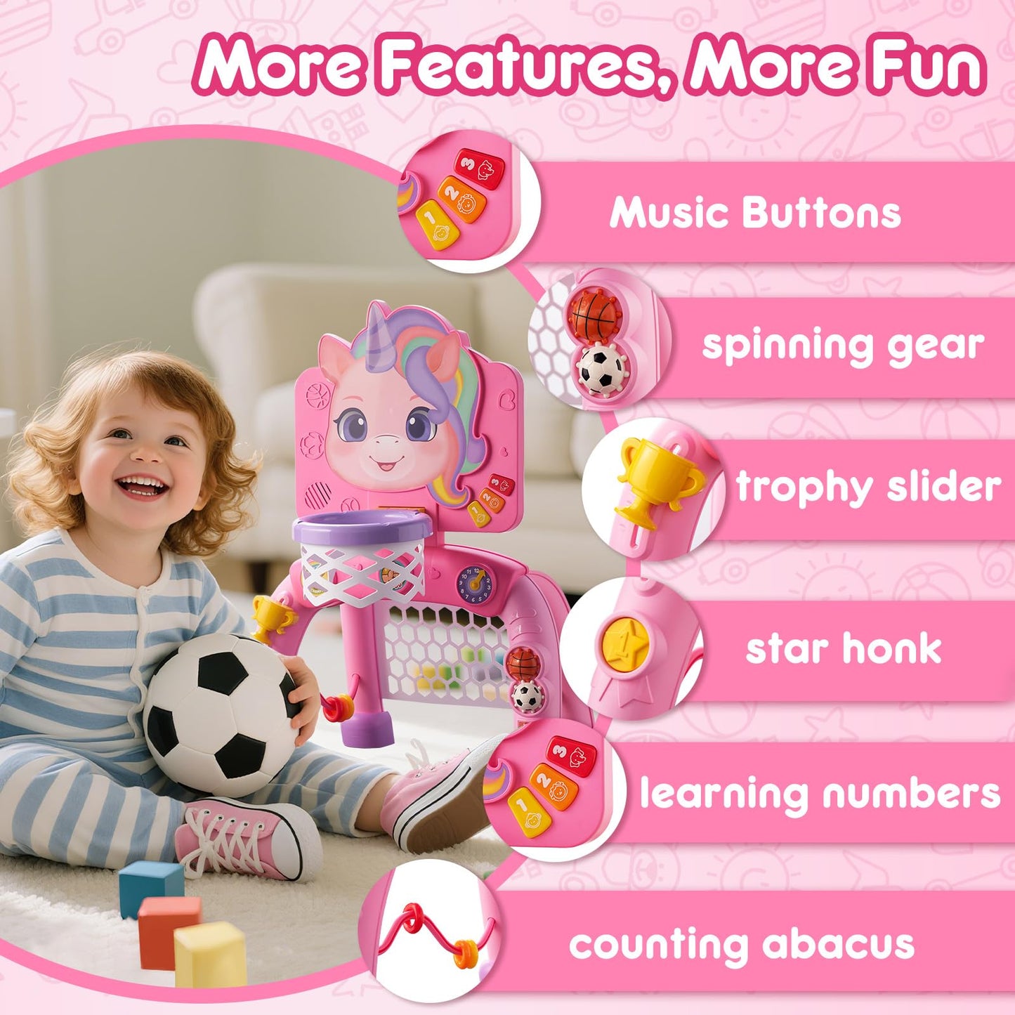 JMMICO Toddler Basketball Hoop & Soccer Goal Activity Center — 6 Interactive Features, Lights & Music