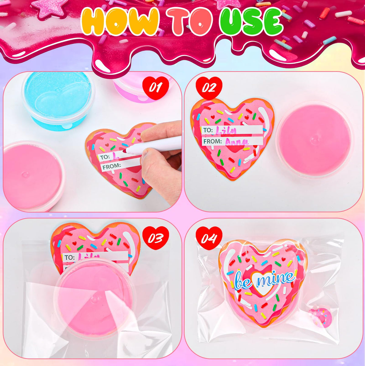 JMUQ 24 Pack Valentines Day Slime Gifts for Kids | Heart Donut Cards & Classroom Favors