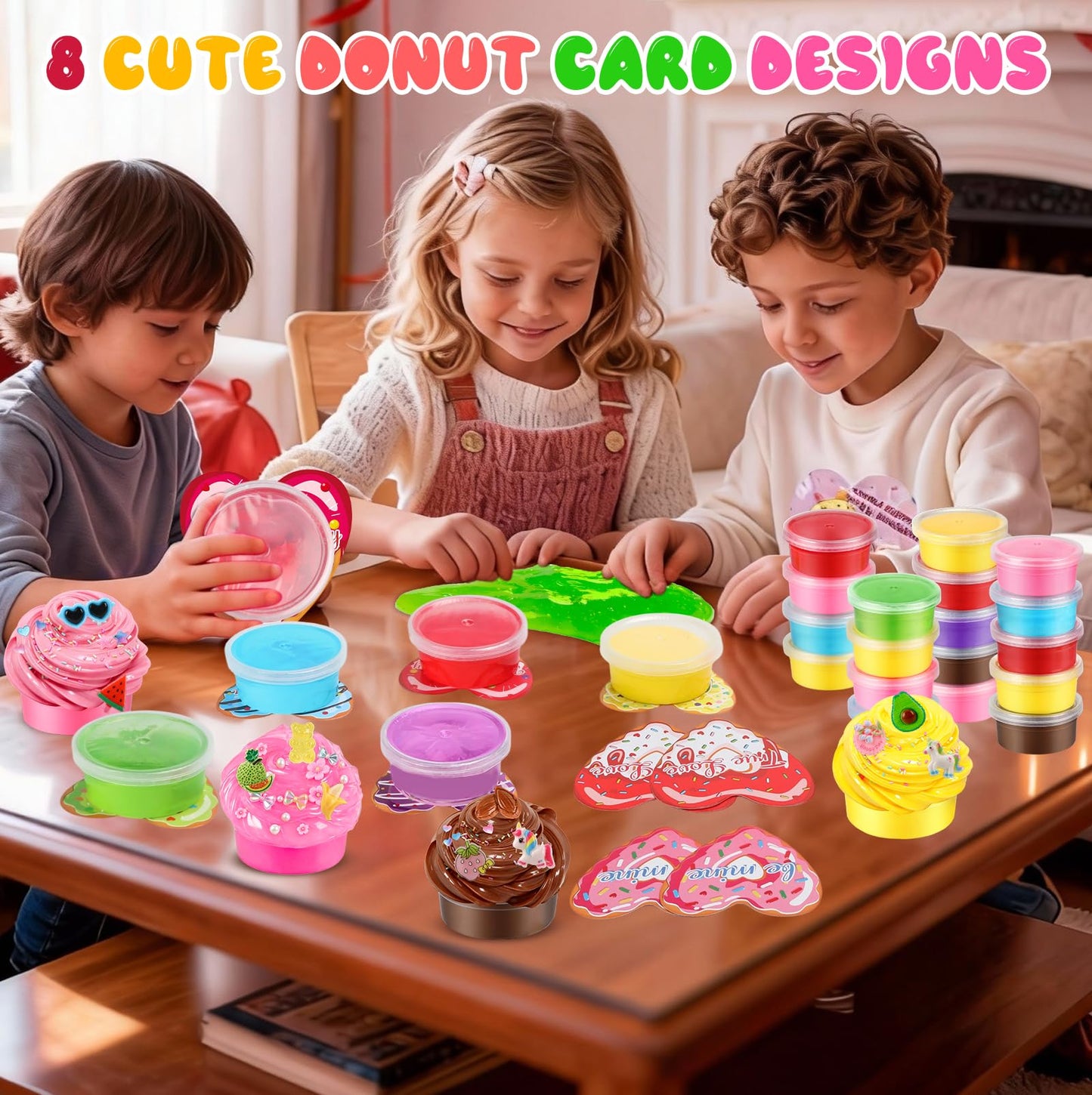 JMUQ 24 Pack Valentines Day Slime Gifts for Kids | Heart Donut Cards & Classroom Favors