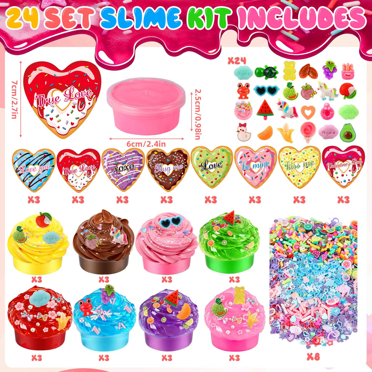 JMUQ 24 Pack Valentines Day Slime Gifts for Kids | Heart Donut Cards & Classroom Favors