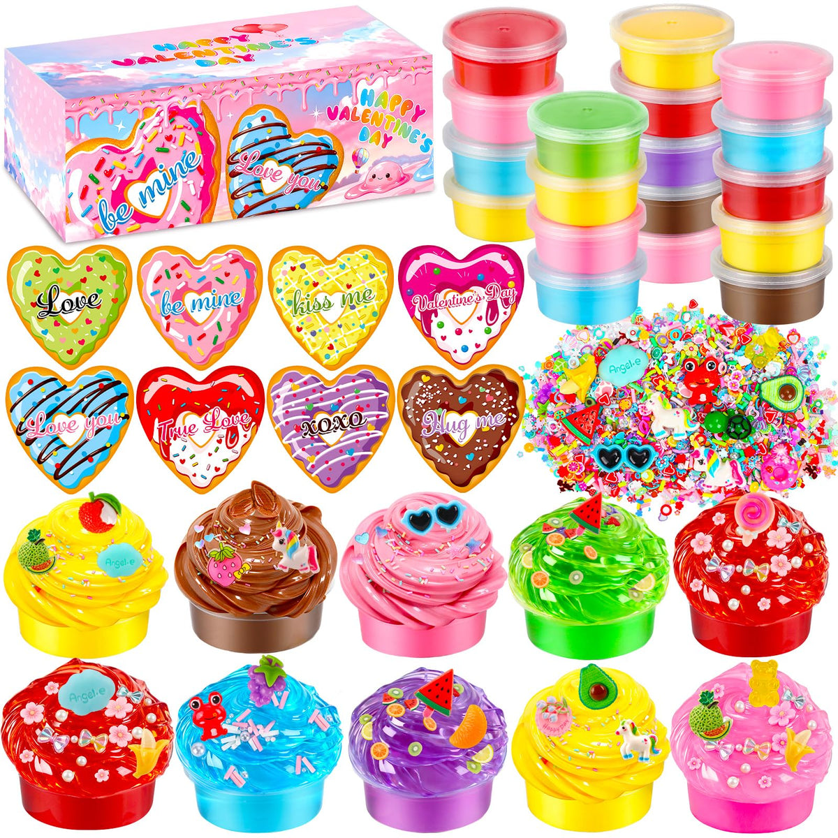 JMUQ 24 Pack Valentines Day Slime Gifts for Kids | Heart Donut Cards & Classroom Favors