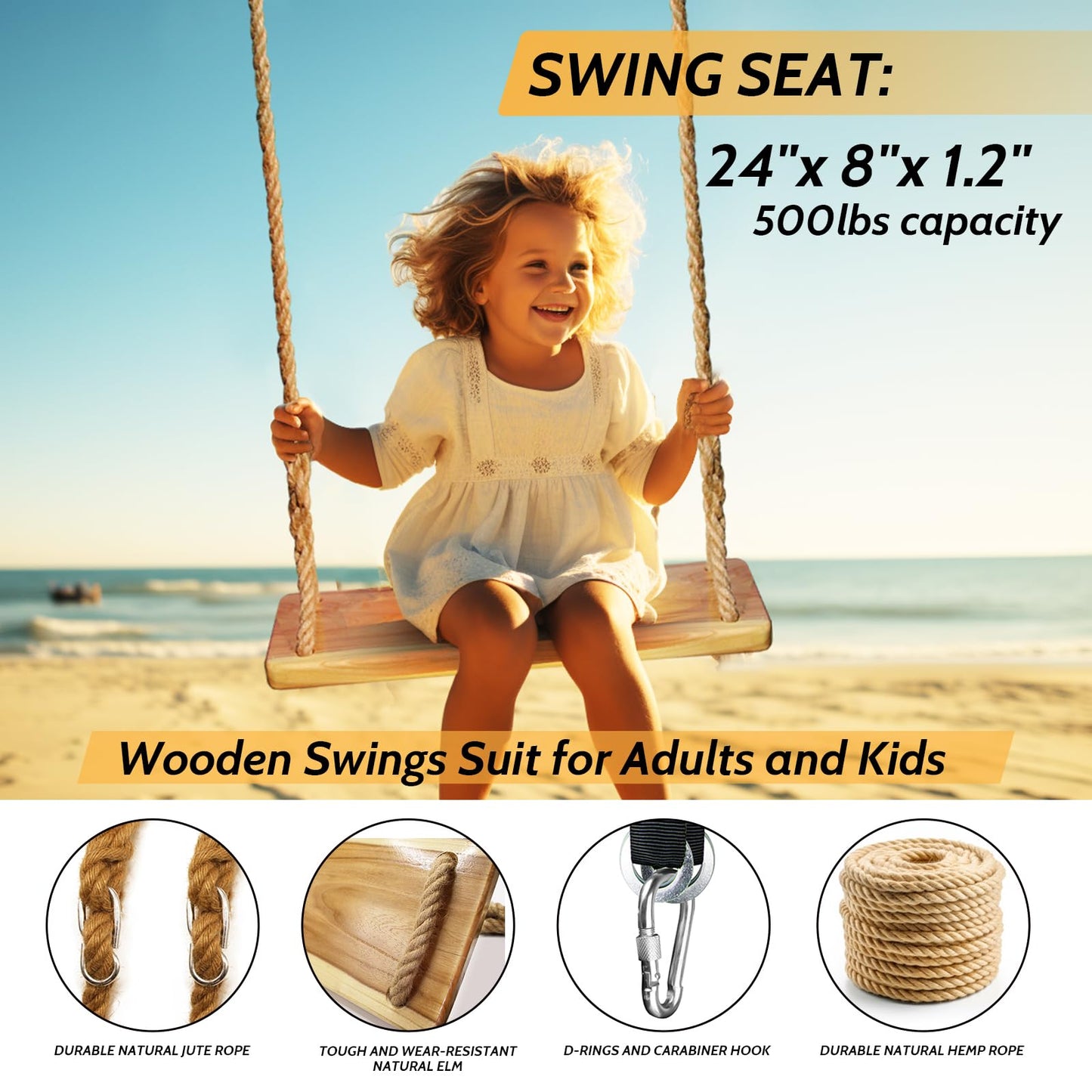 JMZOO Wooden Swing – 24 x 8 x 1.2 in, 500 lbs, Adjustable Hemp Rope & 100 in Straps