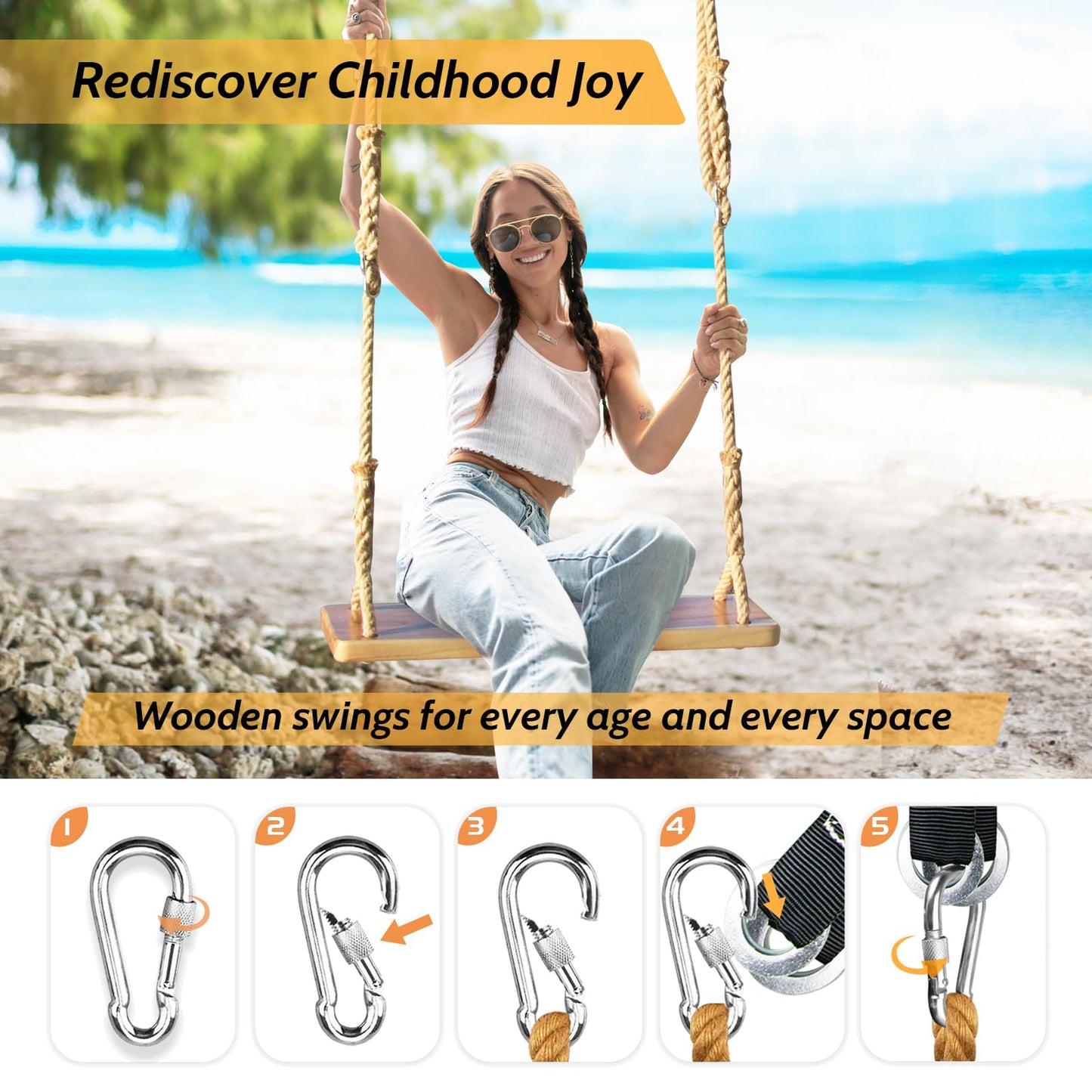JMZOO Wooden Swing – 24 x 8 x 1.2 in, 500 lbs, Adjustable Hemp Rope & 100 in Straps