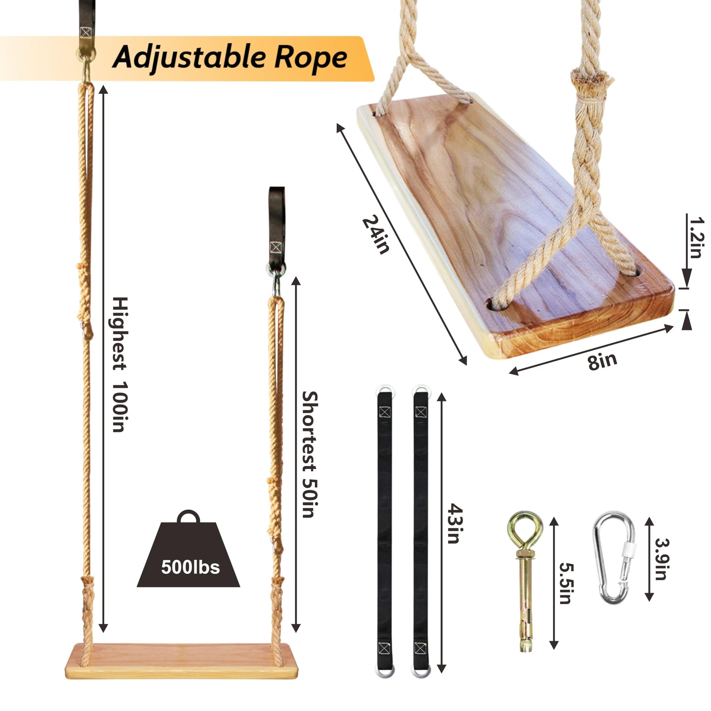 JMZOO Wooden Swing – 24 x 8 x 1.2 in, 500 lbs, Adjustable Hemp Rope & 100 in Straps