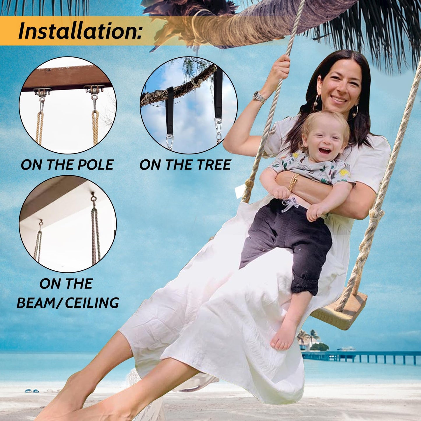 JMZOO Wooden Swing – 24 x 8 x 1.2 in, 500 lbs, Adjustable Hemp Rope & 100 in Straps