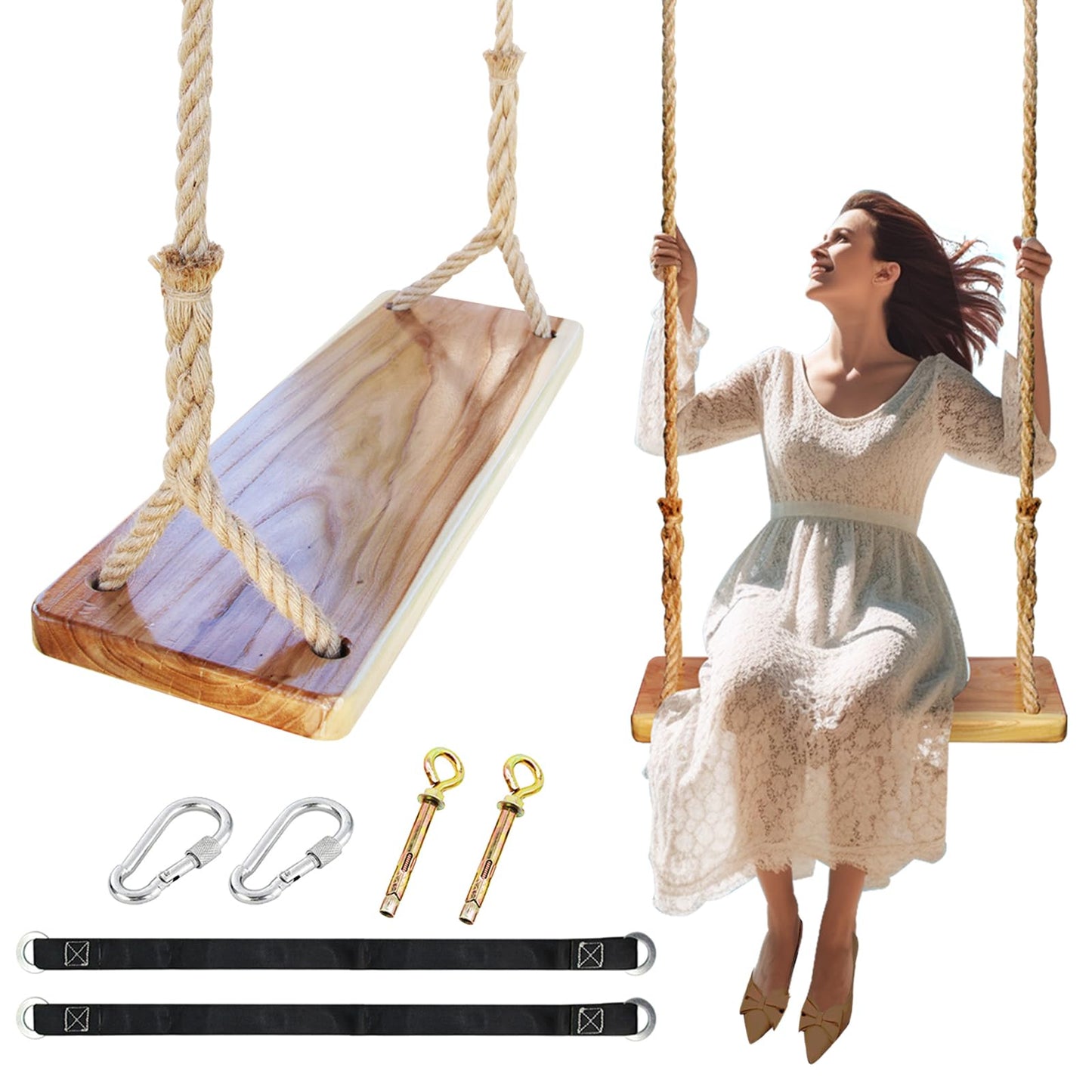 JMZOO Wooden Swing – 24 x 8 x 1.2 in, 500 lbs, Adjustable Hemp Rope & 100 in Straps
