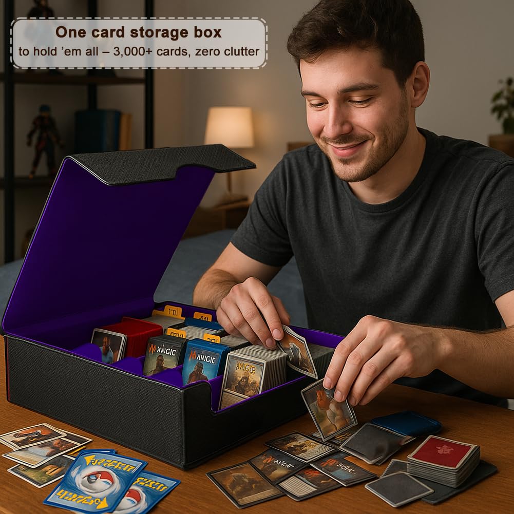 JNLODGE Trading Card Storage Box – 3000+ Cards Capacity, Magnetic, Waterproof PU Leather