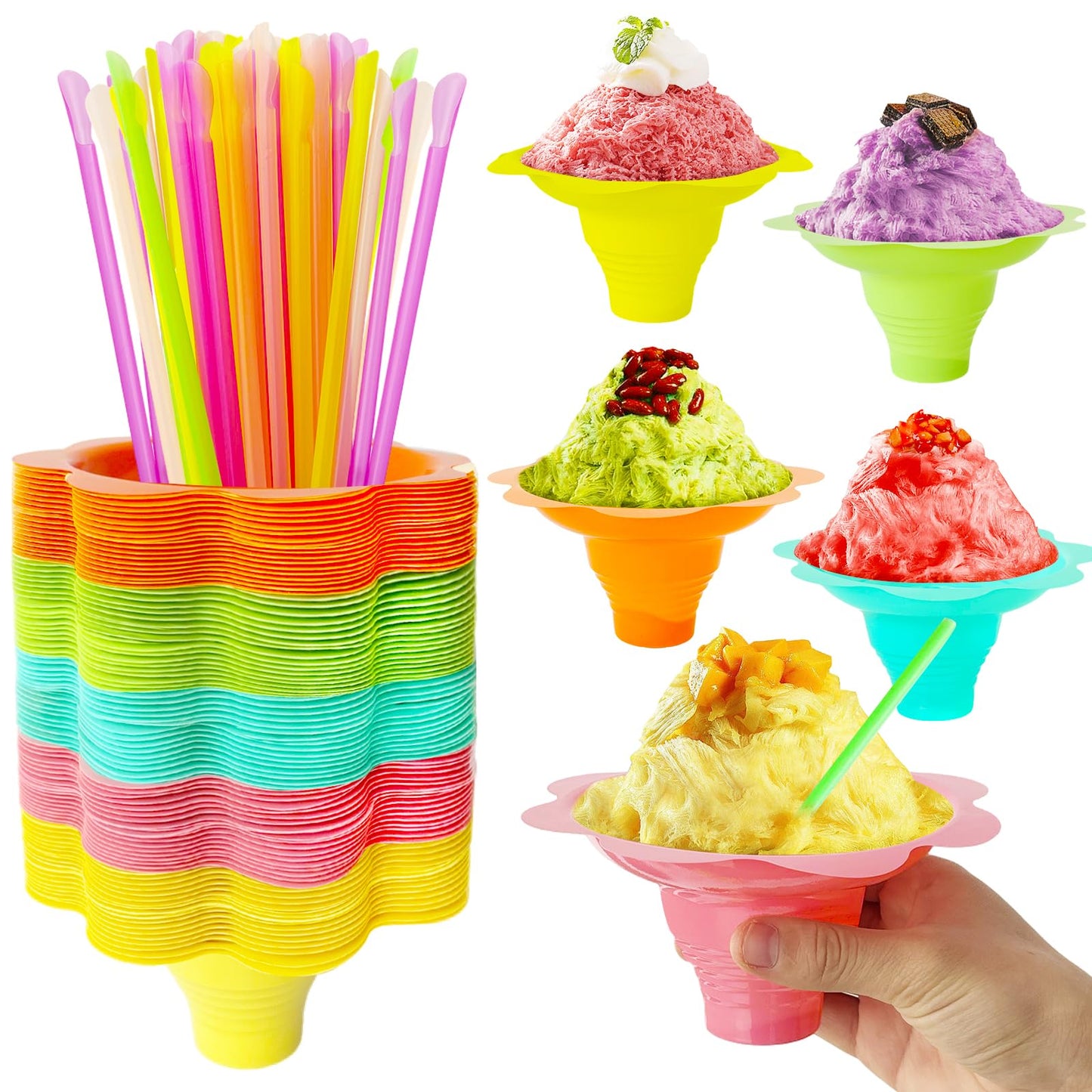 Jnnzzggu 200Pcs Colorful Flower Snow Cone Cups with Spoons & Straws – Reusable 4 oz Plastic Cups