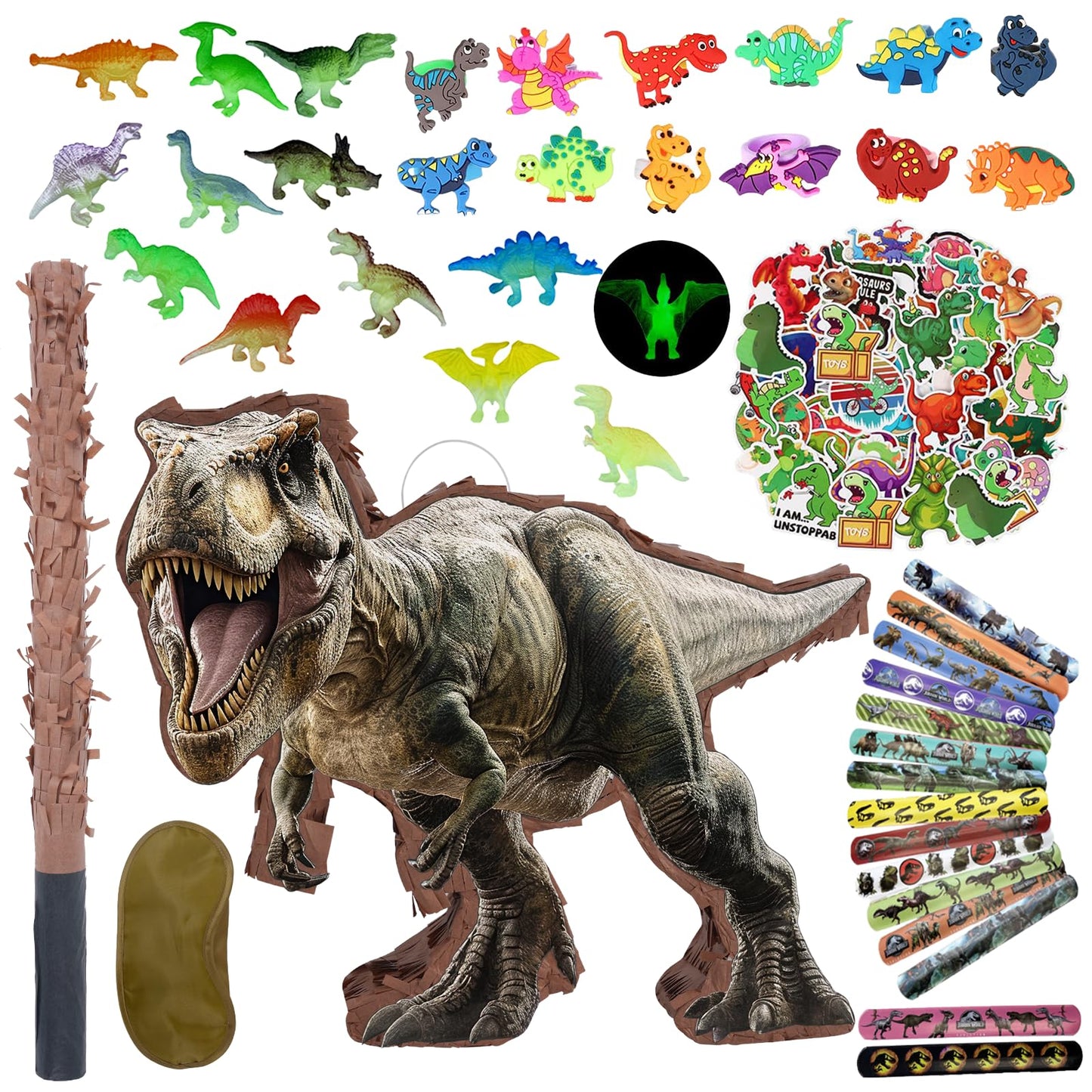 JOARHONAL 142 Pcs Dinosaur Pinata Party Set | Small Jungle Dino Pinata with Blindfold & Bat