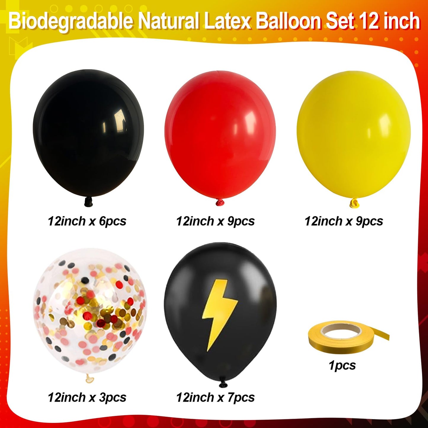 Jobkoo 12in Red Yellow Black Balloons with Lightning Print & Confetti — Biodegradable Latex
