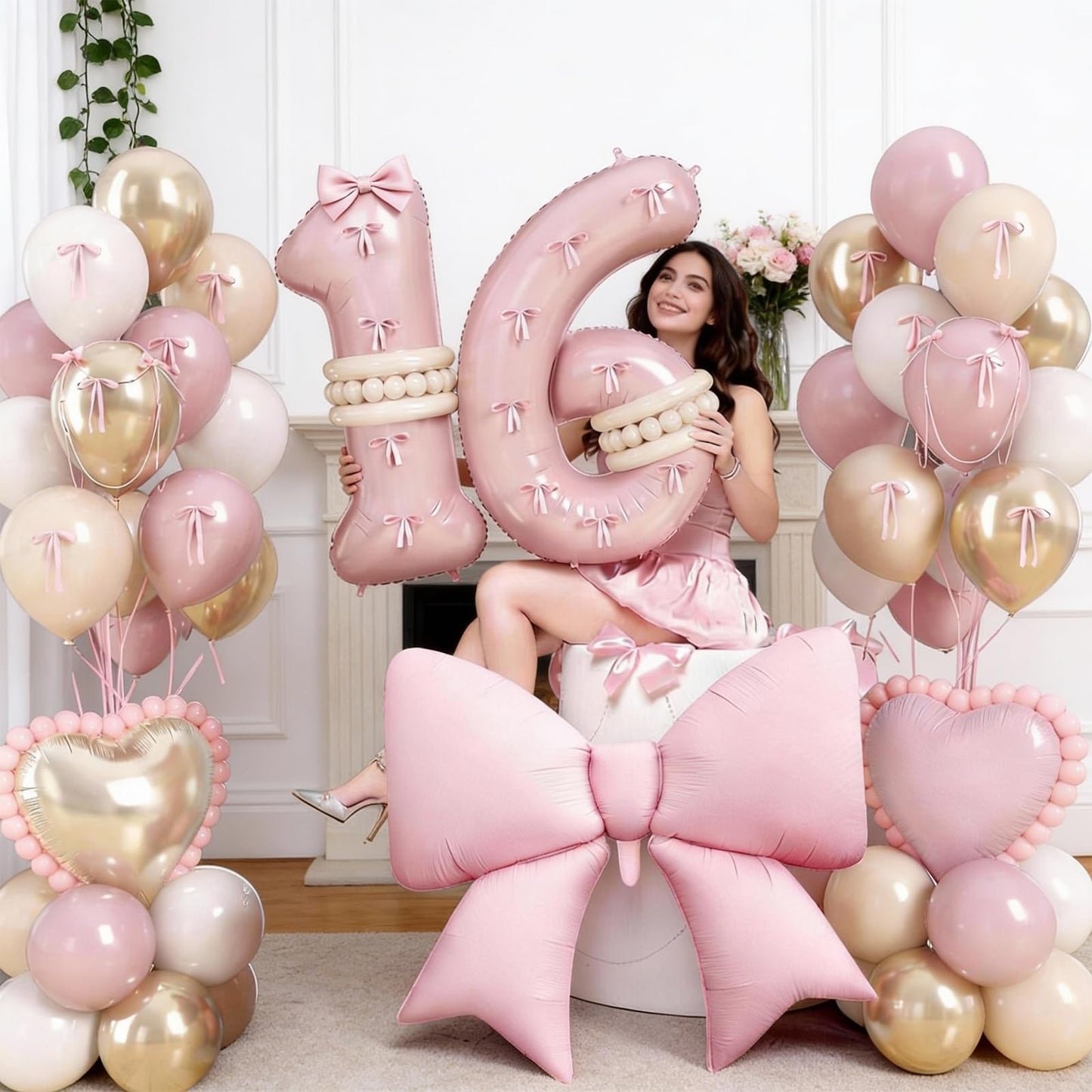Jobkoo Pink Sweet 16 Number Balloon Set – 40in 16th Birthday Decorations for Girls