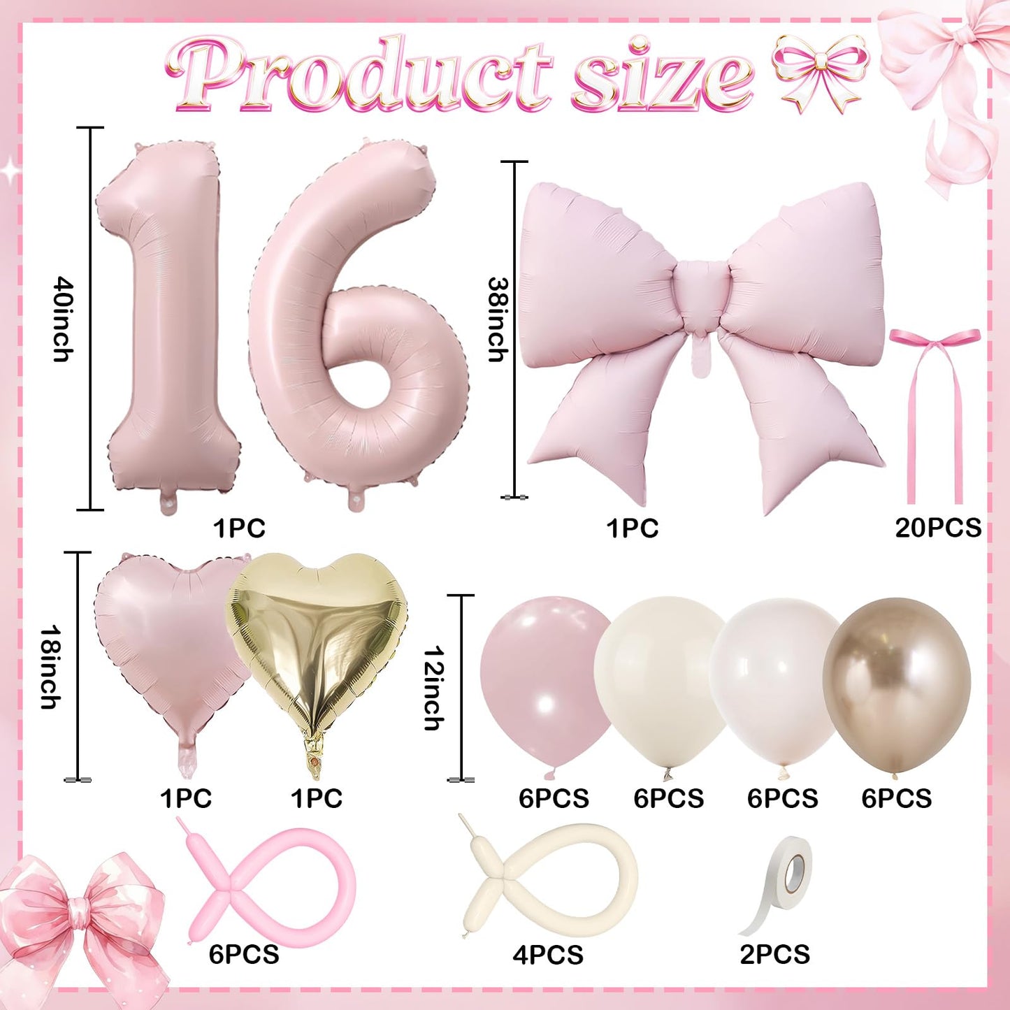 Jobkoo Pink Sweet 16 Number Balloon Set – 40in 16th Birthday Decorations for Girls