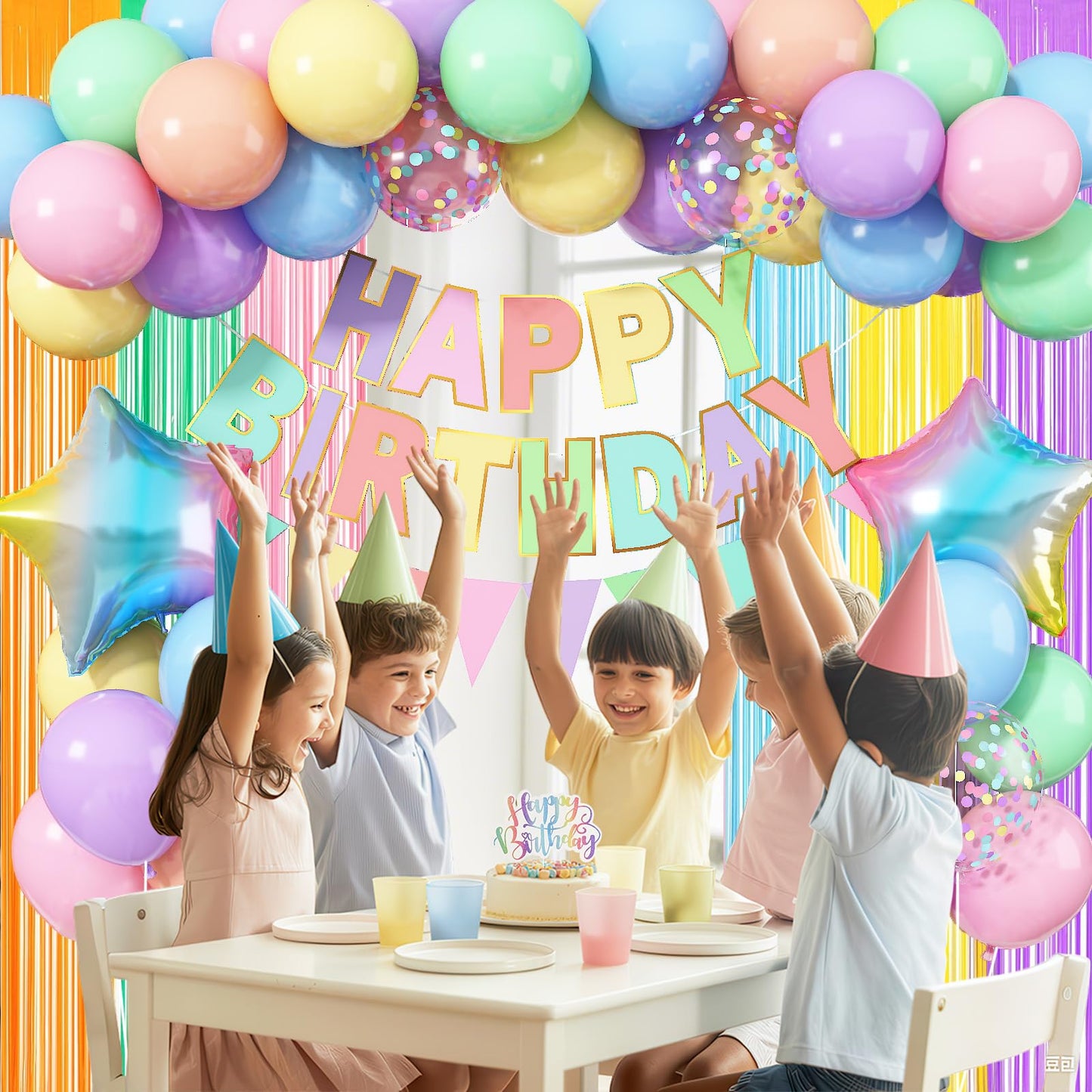 Jobkoo Pastel Birthday Decorations Kit – Macaron Rainbow Balloons, Fringe Curtain Backdrop & Banner