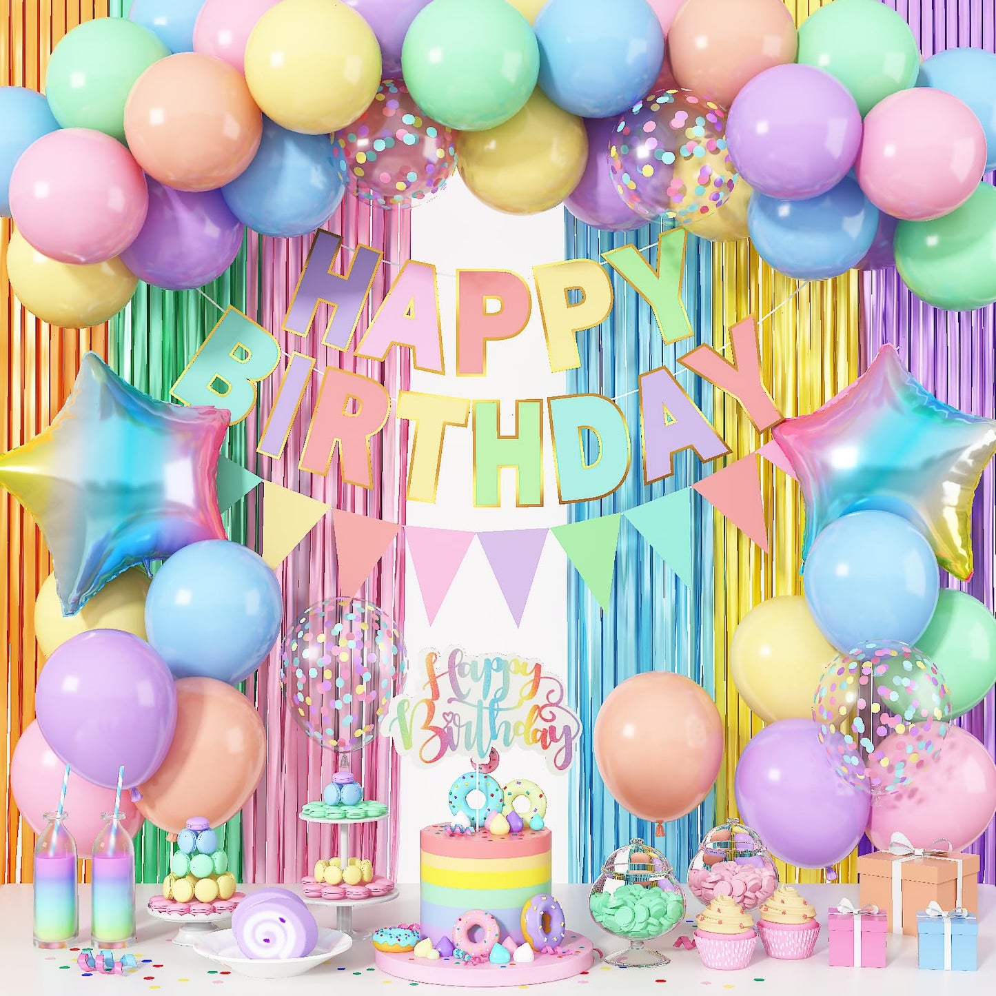 Jobkoo Pastel Birthday Decorations Kit – Macaron Rainbow Balloons, Fringe Curtain Backdrop & Banner