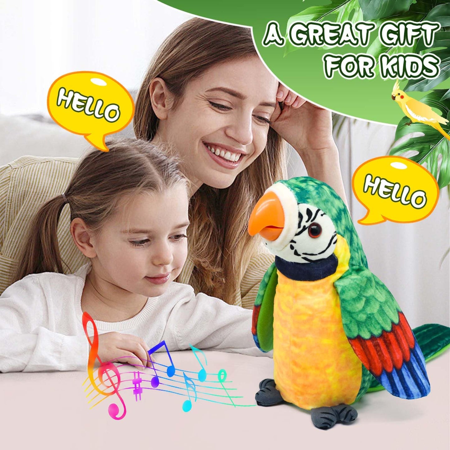 JOCOUNY Toddler Talking Parrot Toy — Volume Adjustable, Repeats What You Say, Singing Plush