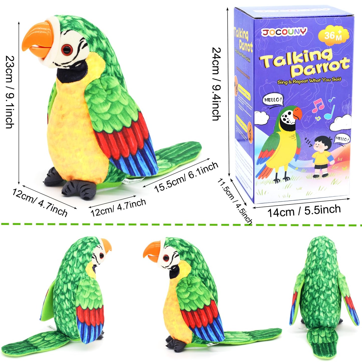 JOCOUNY Toddler Talking Parrot Toy — Volume Adjustable, Repeats What You Say, Singing Plush