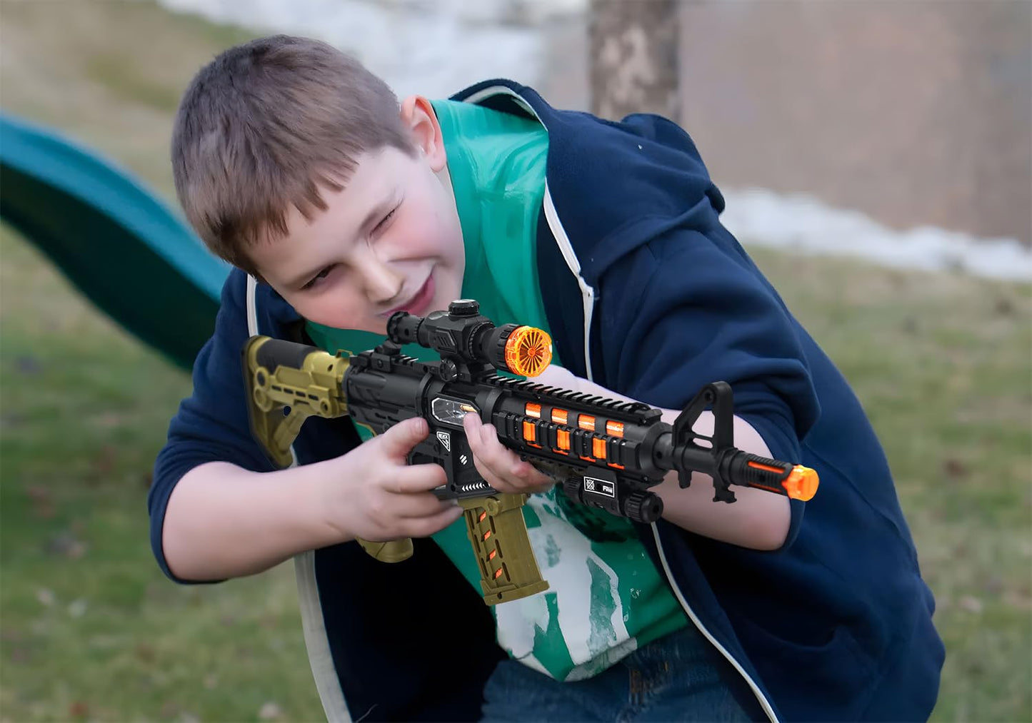JOCOUNY JQ211 Light Up Toy Machine Gun – LED Lights, Sound Effects, Telescopic Barrel