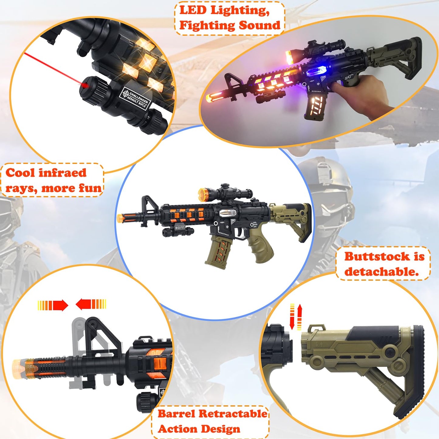 JOCOUNY JQ211 Light Up Toy Machine Gun – LED Lights, Sound Effects, Telescopic Barrel