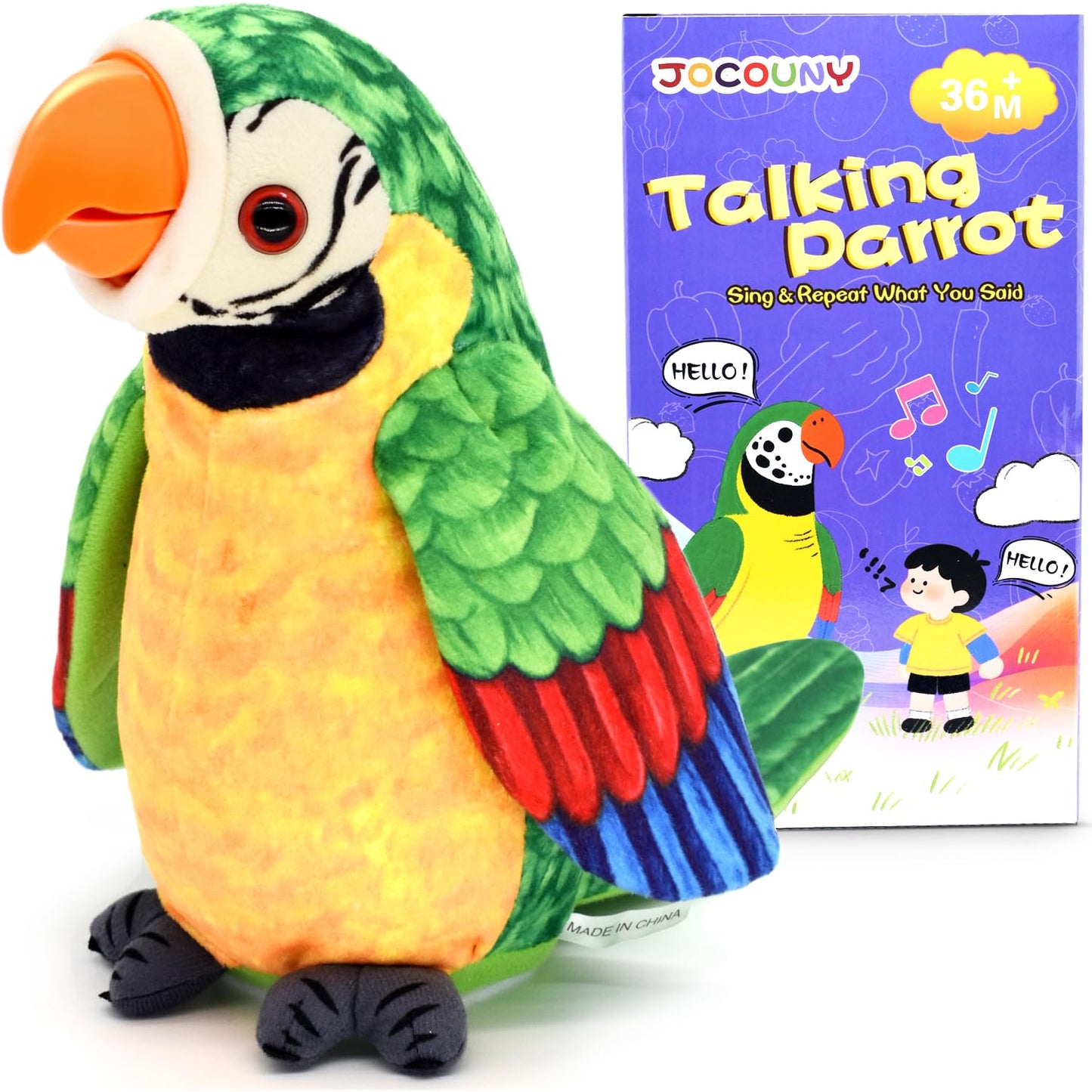JOCOUNY Toddler Talking Parrot Toy — Volume Adjustable, Repeats What You Say, Singing Plush