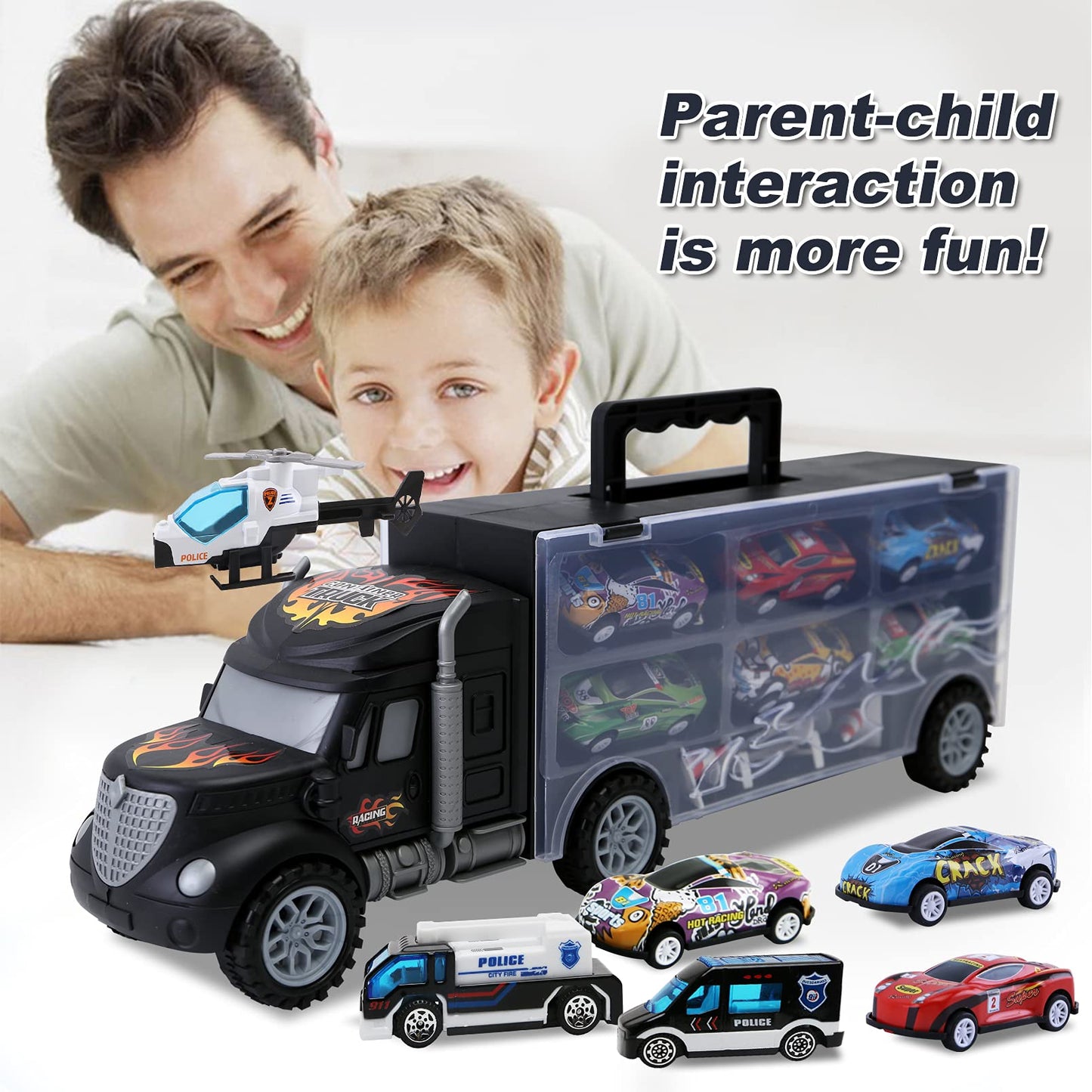 JODUDLR Toddler Car Carrier Truck Toys – 12 Die-Cast Vehicles Set for Ages 3-7