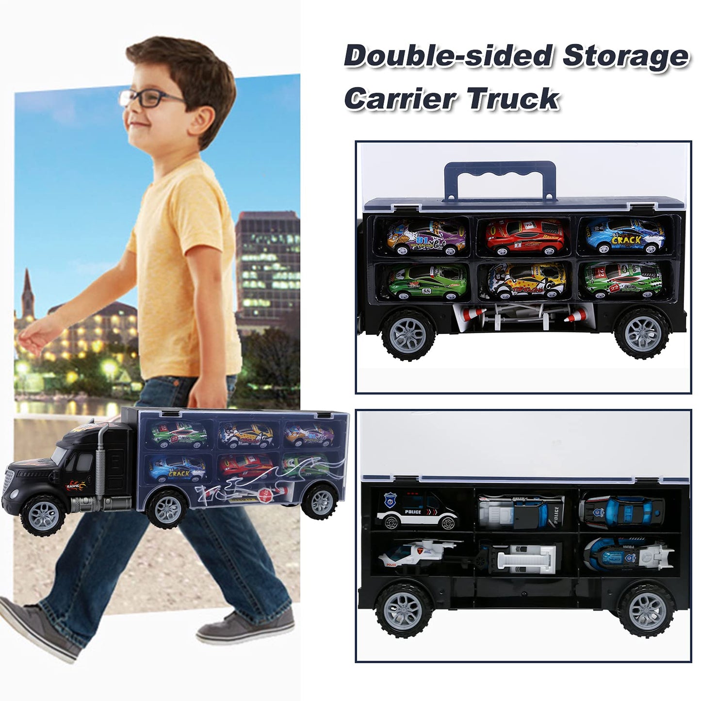 JODUDLR Toddler Car Carrier Truck Toys – 12 Die-Cast Vehicles Set for Ages 3-7