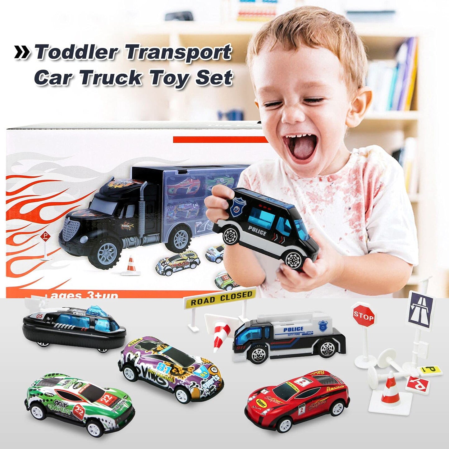 JODUDLR Toddler Car Carrier Truck Toys – 12 Die-Cast Vehicles Set for Ages 3-7
